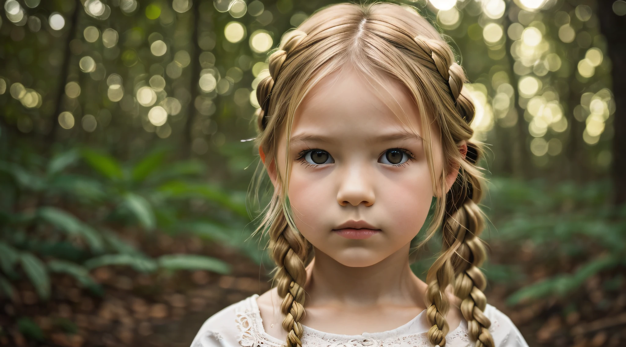 KIDS BLONDIE BRAIDS fotografia (estilo fallenangel:1) uma pintura digital de um (atraente:1) Anjo dourado sentado no meio de uma floresta
