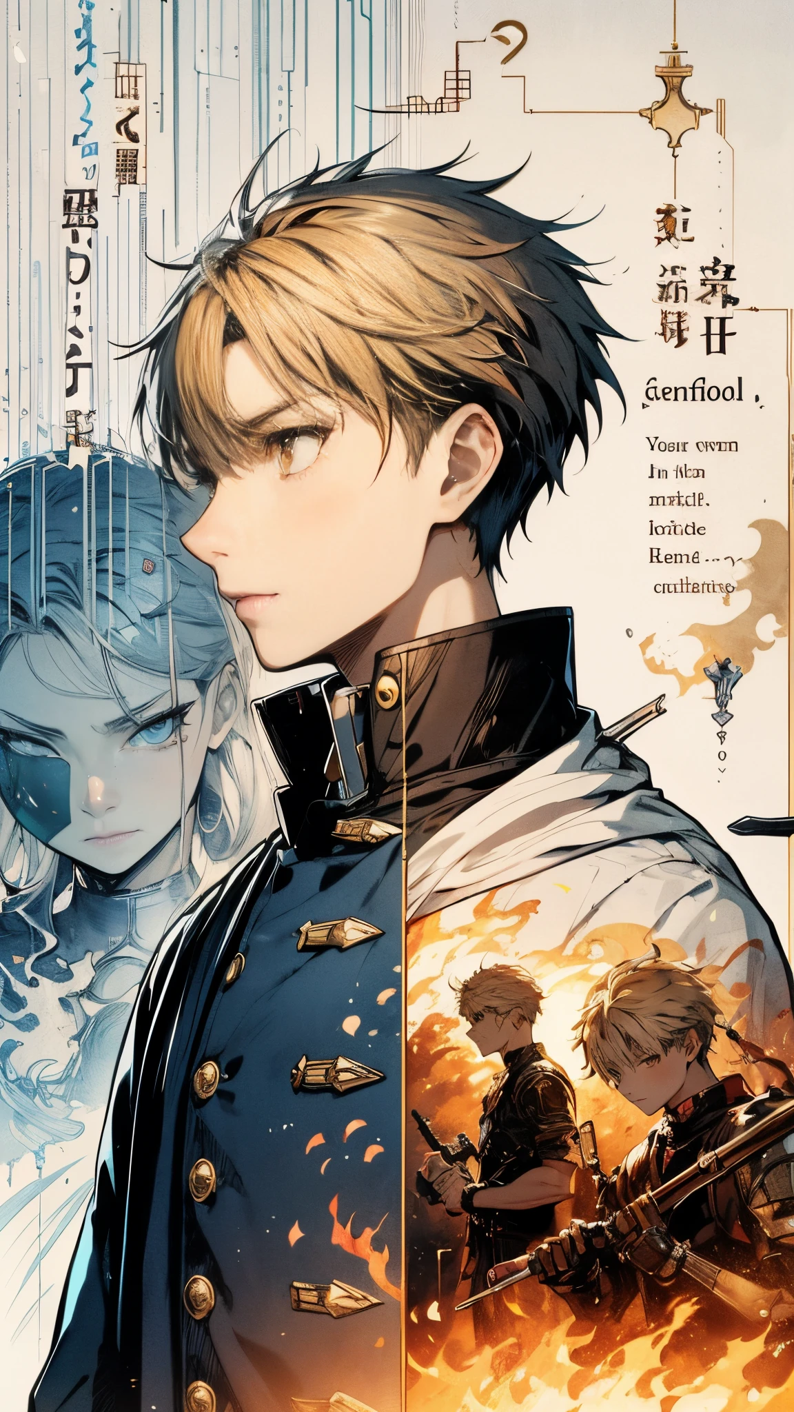 Anime-style, Illustration, Gold-kun, age19, Handsome young man, short blonde hair, Orange Eyes, Deep contemplation, figurative scene, iron rain, justice, sacrifice, determination, saddened, Inner conflict, 「Devil's Child」, metaphorical battlefield, internal conflict, Clear line drawing, Transparent watercolor, Clear shading, There are no other characters.