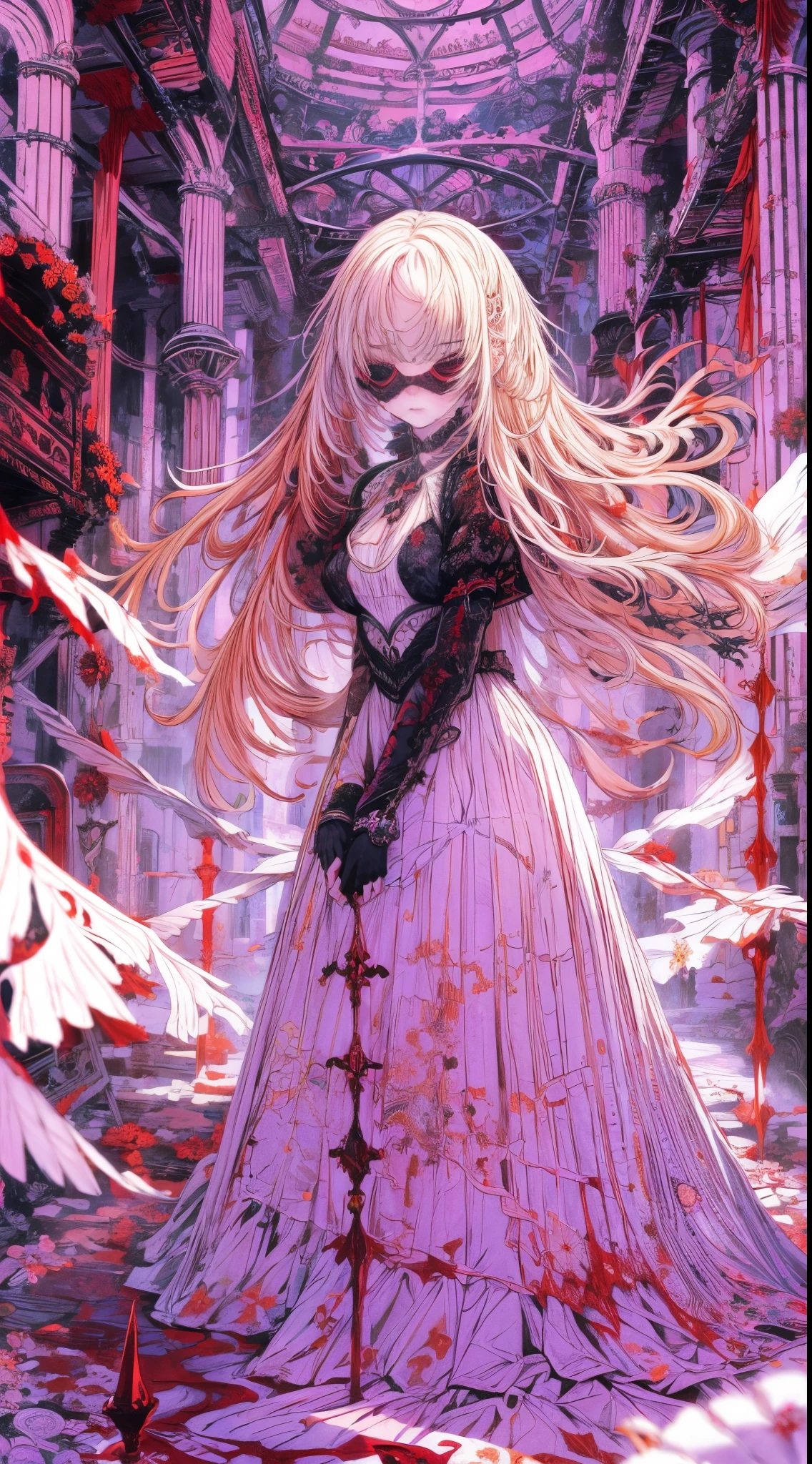 A girl in a blood-covered white gothic dress with long blonde hair, blindfolded in a creepy basement, amidst a complex fractal background, enhancing a mysterious, eerie atmosphere.