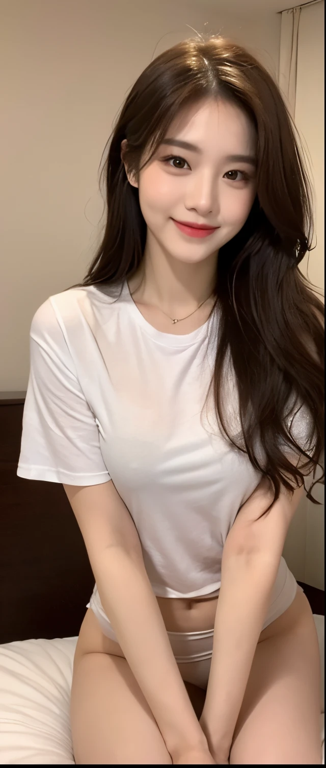 (Masterpiece, best resolution: 1.2), (brown eyes), seduction, smile, long brown hair, small breast, high-definition facial features, 8K, double eyelids, delicate facial feature, ((bedroom)), (white oversize tee), ((sitting on the bed))