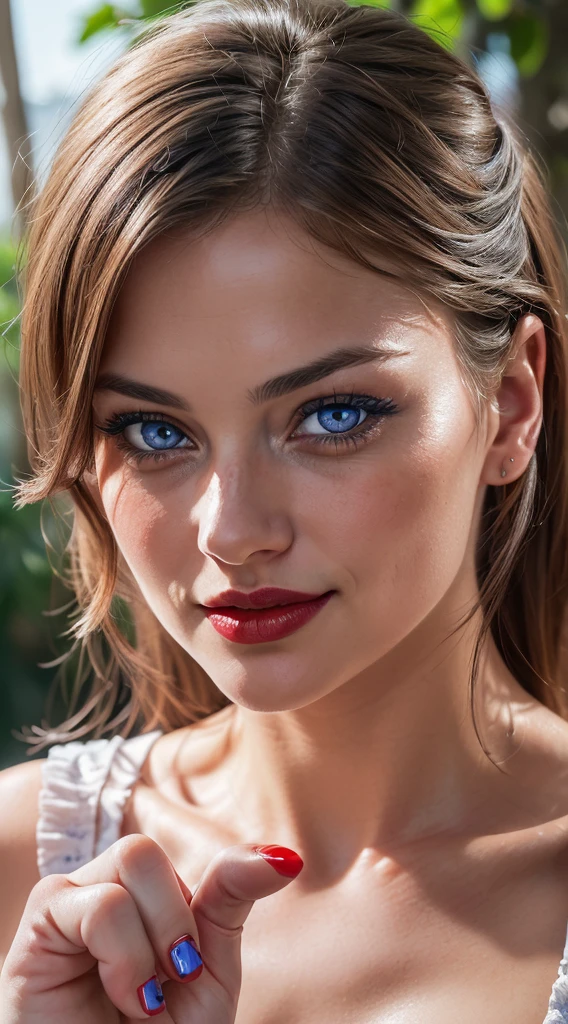 detailed woman face looking at the camera, blue eyes, hot (((thick red lipouth open with sensuality, correct deformed fingers, photorealistic, sharpened eyes, (((eyes to the camera))) slightly smiling