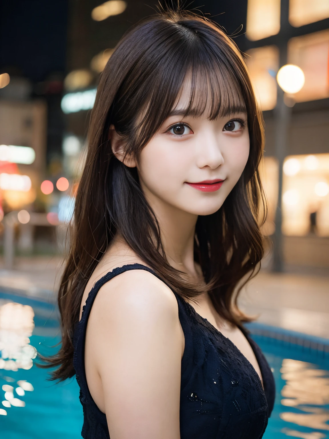 masutepiece, Best Quality, Illustration, Ultra-detailed, finely detail, hight resolution, 8K Wallpaper, Perfect dynamic composition, Beautiful detailed eyes, She is wearing a Kurono dress,Medium Hair,Natural Color Lip, Bold sexy poses,Smile,Harajuku、20 years girl、Cute、Sexy shot looking at camera、C Cup、Brown hair、cacique#39;s face、Blurry night pool background