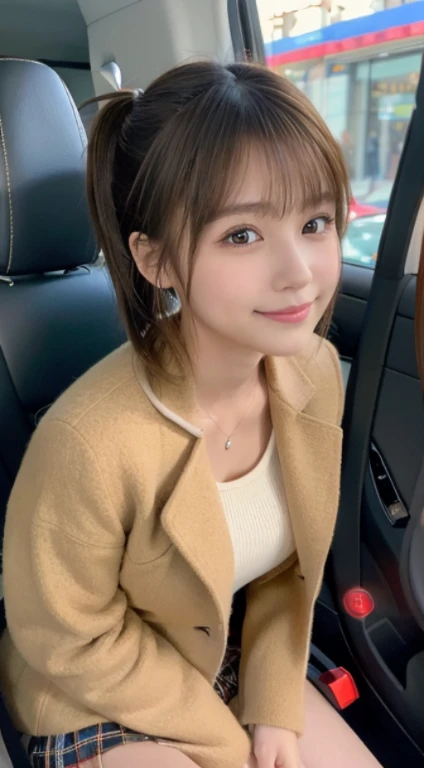 (Photorealistic), (ultra high realistic), (Ultra high definition), (ultra high detailed), (Increase contrast), (Increase saturation), (A 12-year-old girl), (light skinned)A pretty woman with perfect figure, Cute face, Beautiful expression, (Lifelike face), Beautiful hairstyle, Realistic eyes, beautiful detail, (real looking skin), Beautiful skins, enticing, The ultra -The high-definition, A hyper-realistic, Realistic, Very detailed, , ((poneyTail)), bangss, natural make up(Light brown wool short coat and knee-high boots、japanese cute idol, Tartan check)((Very short miniskirt)) Gentle smile, Brown hair,、The cleavage looks bold、beutiful breast、thin-waist、((lying in the passenger seat of a car))
