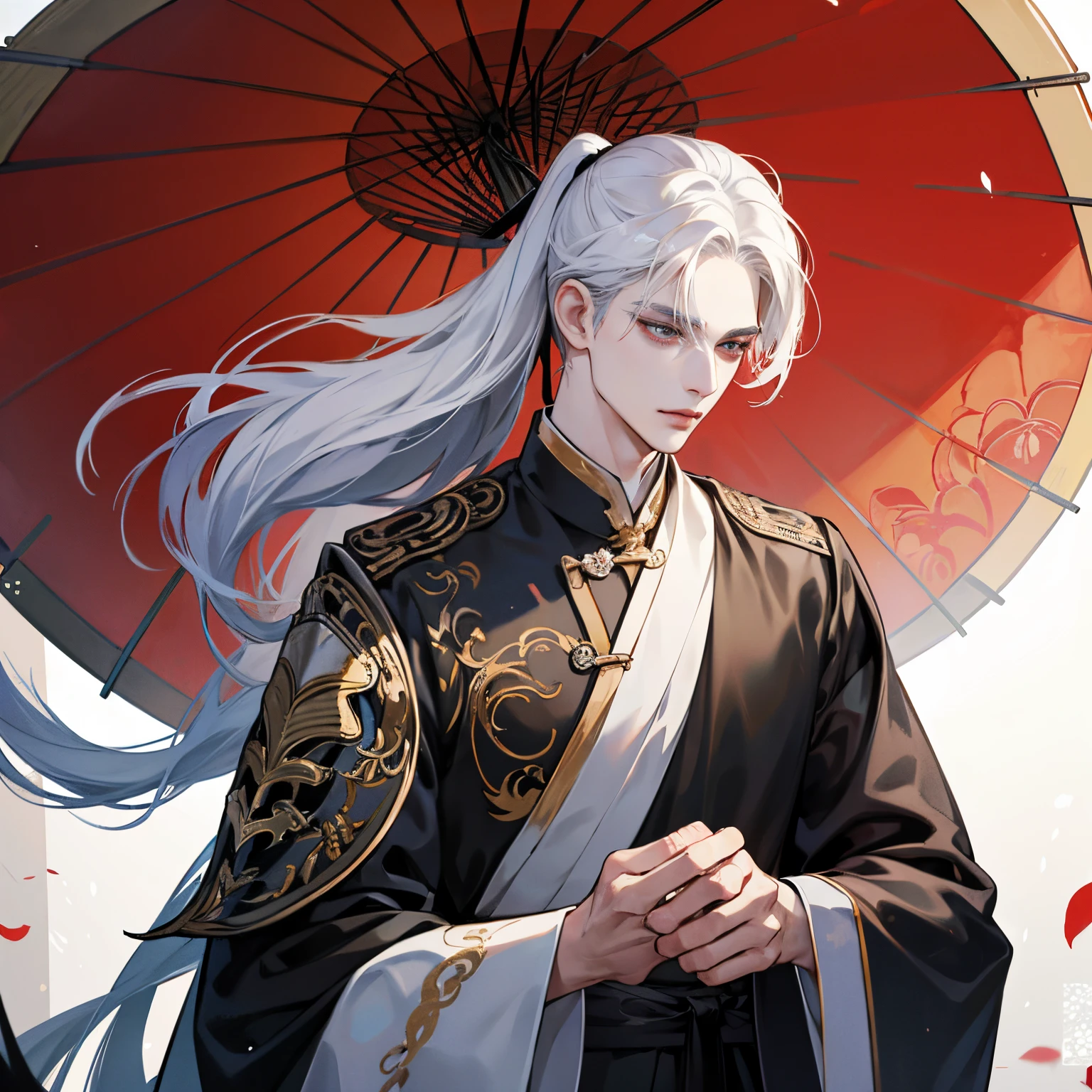 1 male、Chinese male、White hair、Black china clothes、A tall man、Chinese、Holding a black umbrella、poneyTail