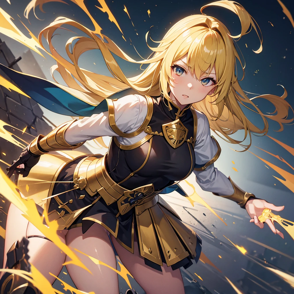 masterpiece, best quality, edea lee, yellow hair, blue eyes, red bow, yellow dress, cleavage, armored dress, shoulder armor, gauntlets, armored legwear, fighting stance, swamp, darkness