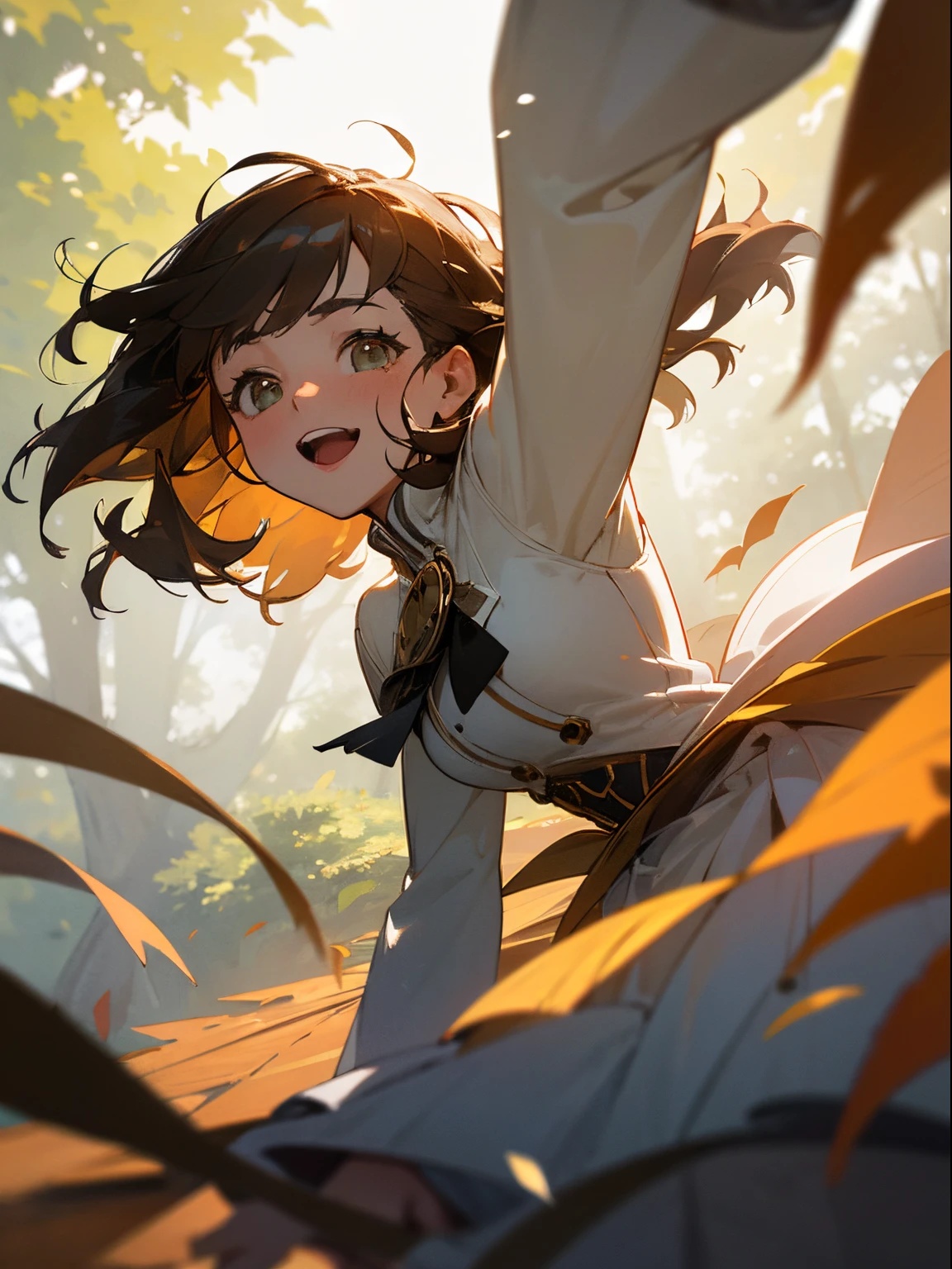 ((top quality)), ((masterpiece)), ((perfect face)), (super detail), sharp focus, depth of field, cinematic lighting, detailed outfit, lots of details and textures, 
Particles of light, Visual impact, Fine dust reflected in light, 
One Woman, Cute, Cool, Cute, Beautiful, Winter Forest, Lots of dead leaves dancing in the wind, Woman looking up, Staring at falling leaves, Laughing, somewhat blown out expression, Cowboy Shot, Focus on expression, Call's Sunshine, Distant view, 
Sunlight through trees, (wind blowing hard: 1.2)), Large amount of fallen leaves, (many fallen leaves dancing in the wind: 1.1))
View from directly below, close-up, face, looking up, looking at falling leaves, POV,
Beautiful scene, girl's expression is memorable, illustration,
Close-up of face, Leaves dancing and falling from directly above
,RAINBOW_ONE