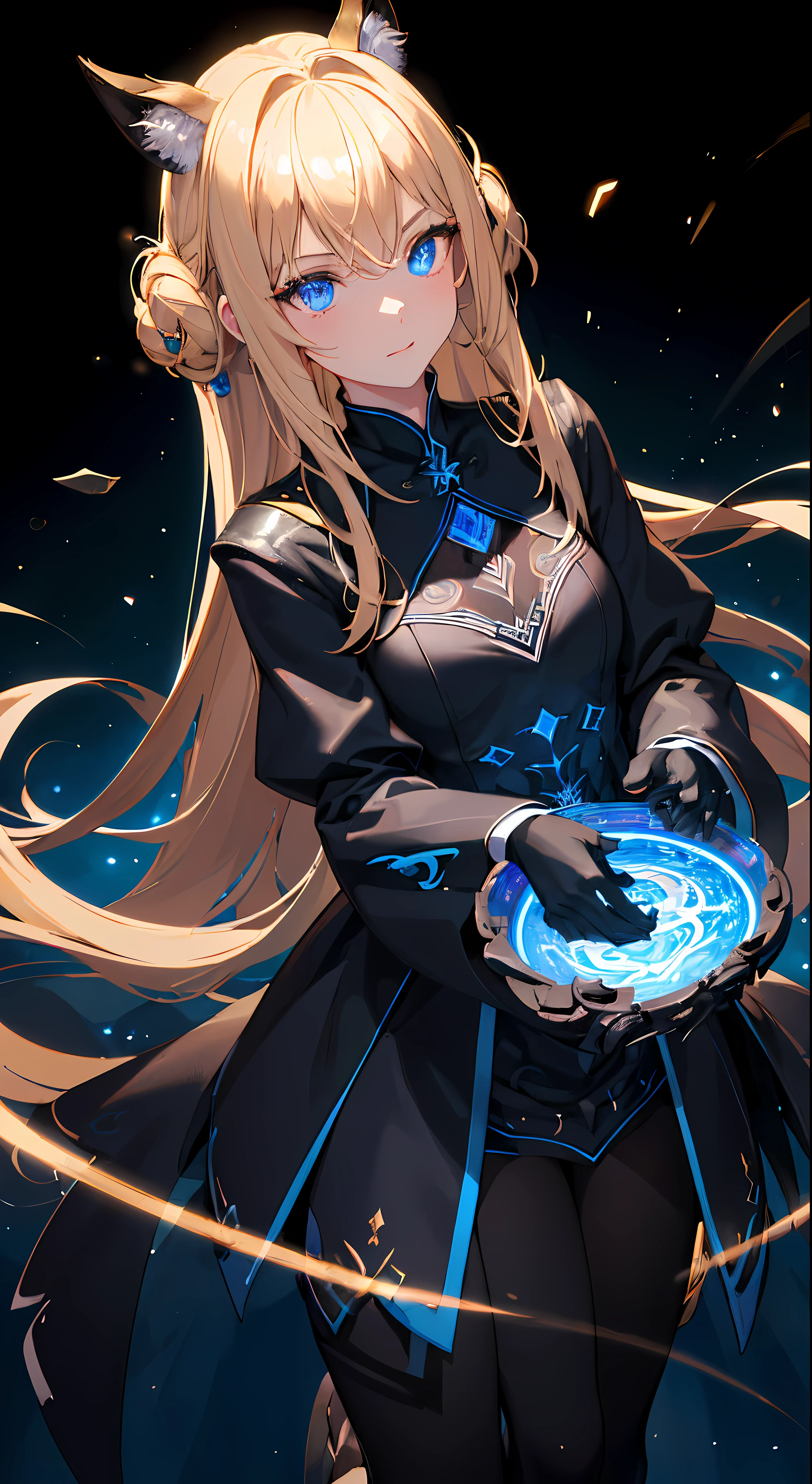 (tmasterpiece, Best quality, ultra - detailed, The best shadow), (detailedbackground,dark fantacy), (beautiful detailed face), hight contrast, (best illuminate, Extremely Delicately Beautiful), ((电影灯光)), Colorful, hyper-detailing, Dramatic light, Complicated details, (1 girl, Alone,blond hair blue eyes, sharpy face, eBlue eyes, swirling black light around character, depth of fields,black light particles roken ggic round,
