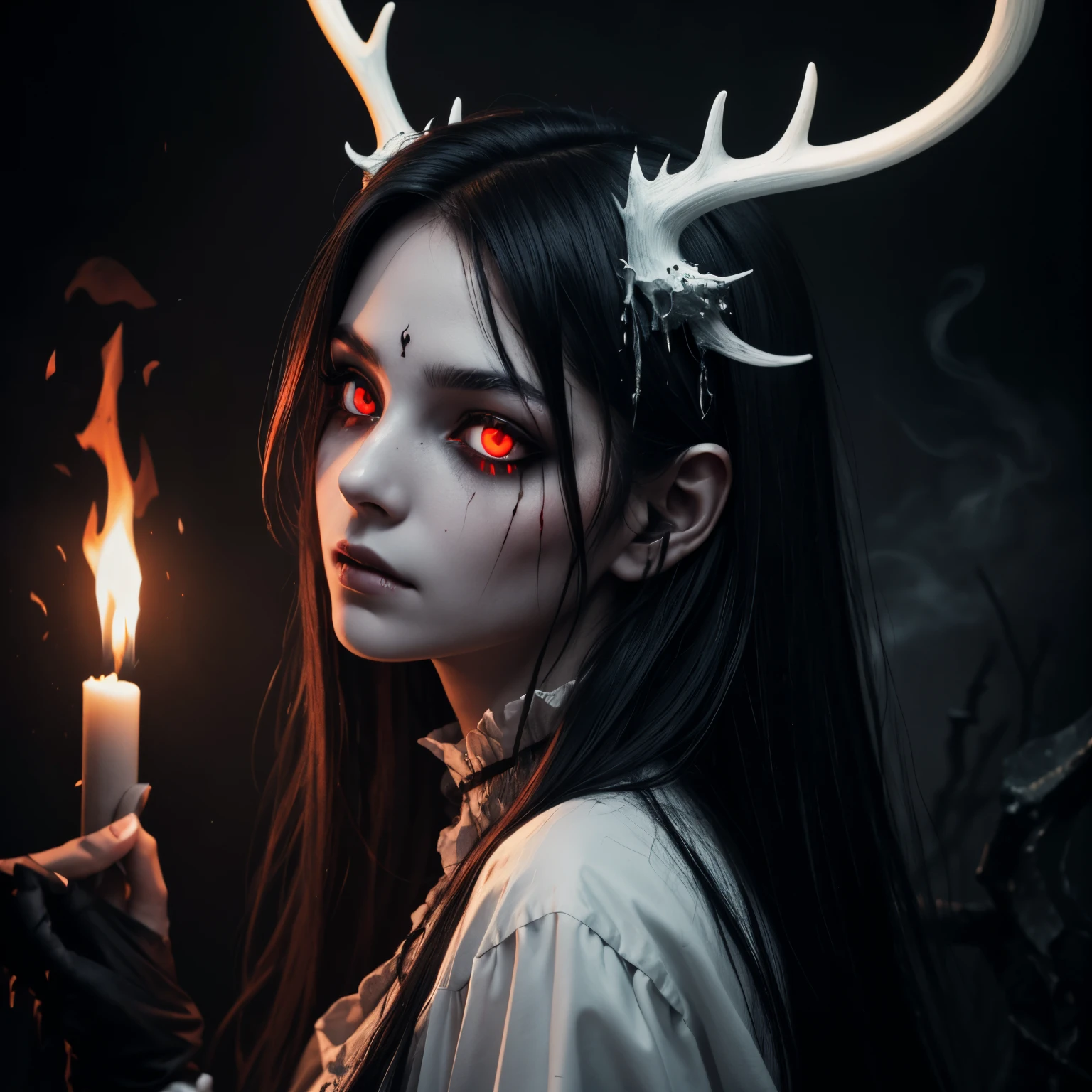 dark, unholy, evil, astral, creepy style, undead, rotting skin, mystical, nice perfect face with soft skin, young beautiful girl portrait on fire, from side, white smoke, mist, night, black clothes, long white hair, antlers, glowing red eyes, light red glow, fire