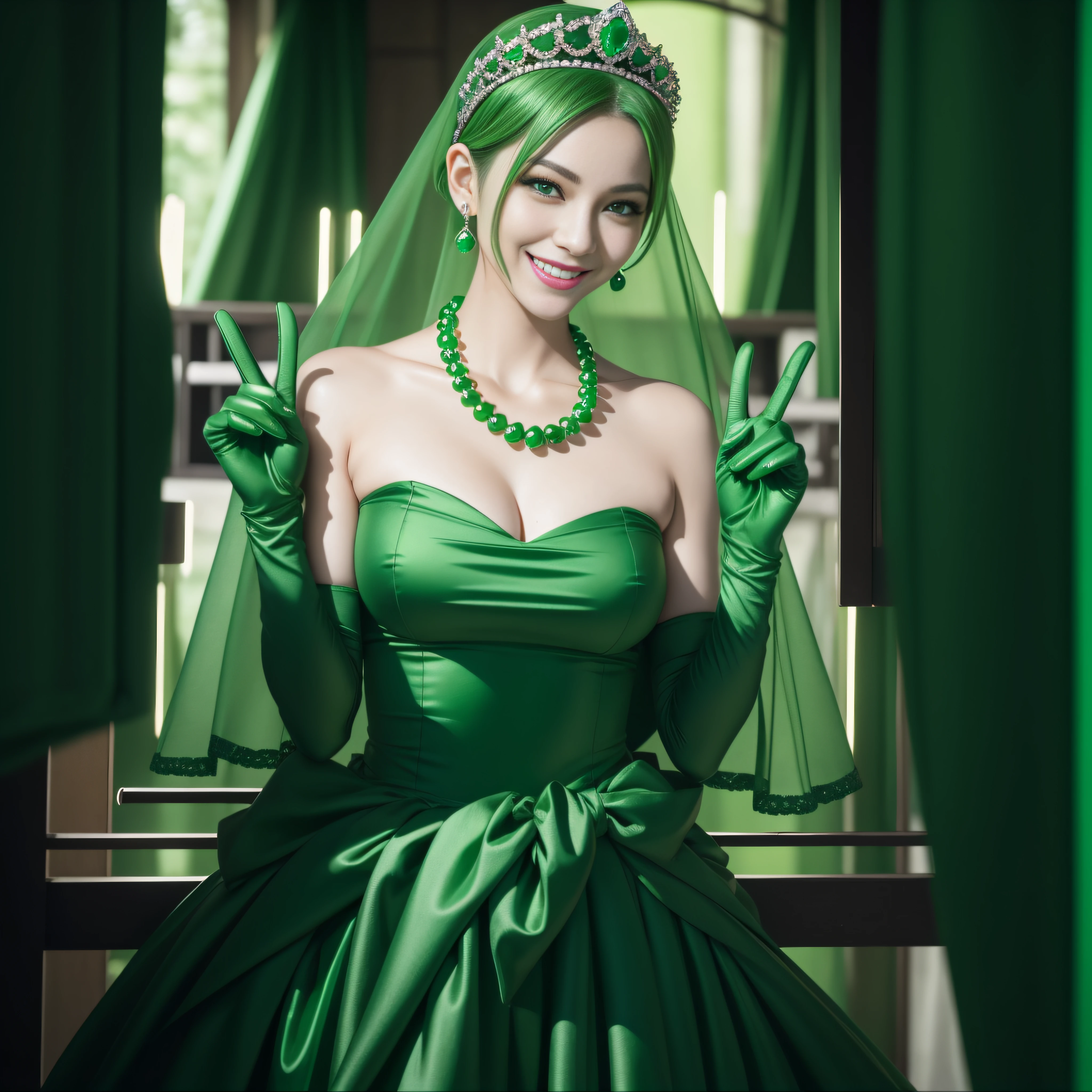 emerald tiara, Green Pearl Necklace, Boyish very short green hair, lipsticks, Japan woman smiling, very short short hair, big breasts beautiful, Green eyes, Long green gloves made of satin material, Green eyes, v sign,V-sign with both hands, Emerald Earrings, Green hair