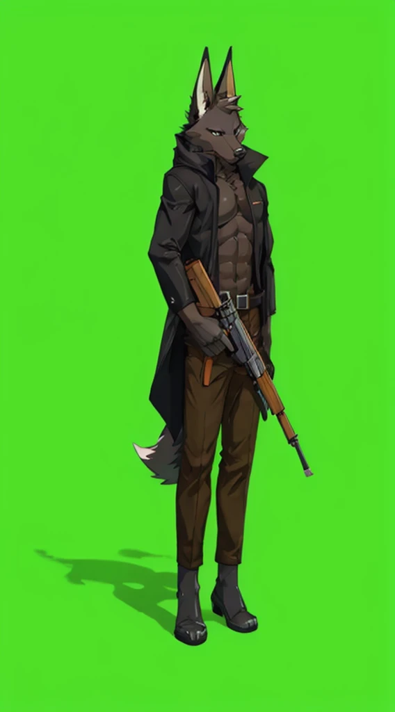 Black fur anthro wolf, two hands Holding assault riffle. Wearing black cloak (long jacket) (chest muscle uncovered (detailed)), wearing dark pants, no shoes. Feet looks like paws. Two hands holding assault riffle (ak47) (detailed). Short ears. Two hand holding assault rifle