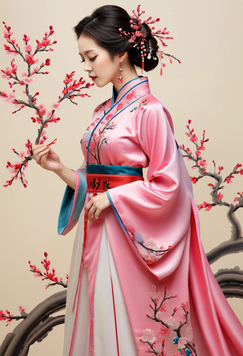 Painting fan-shaped embroidery works，Embroidered plum blossoms，Chinese clothing design，Silk fabric，