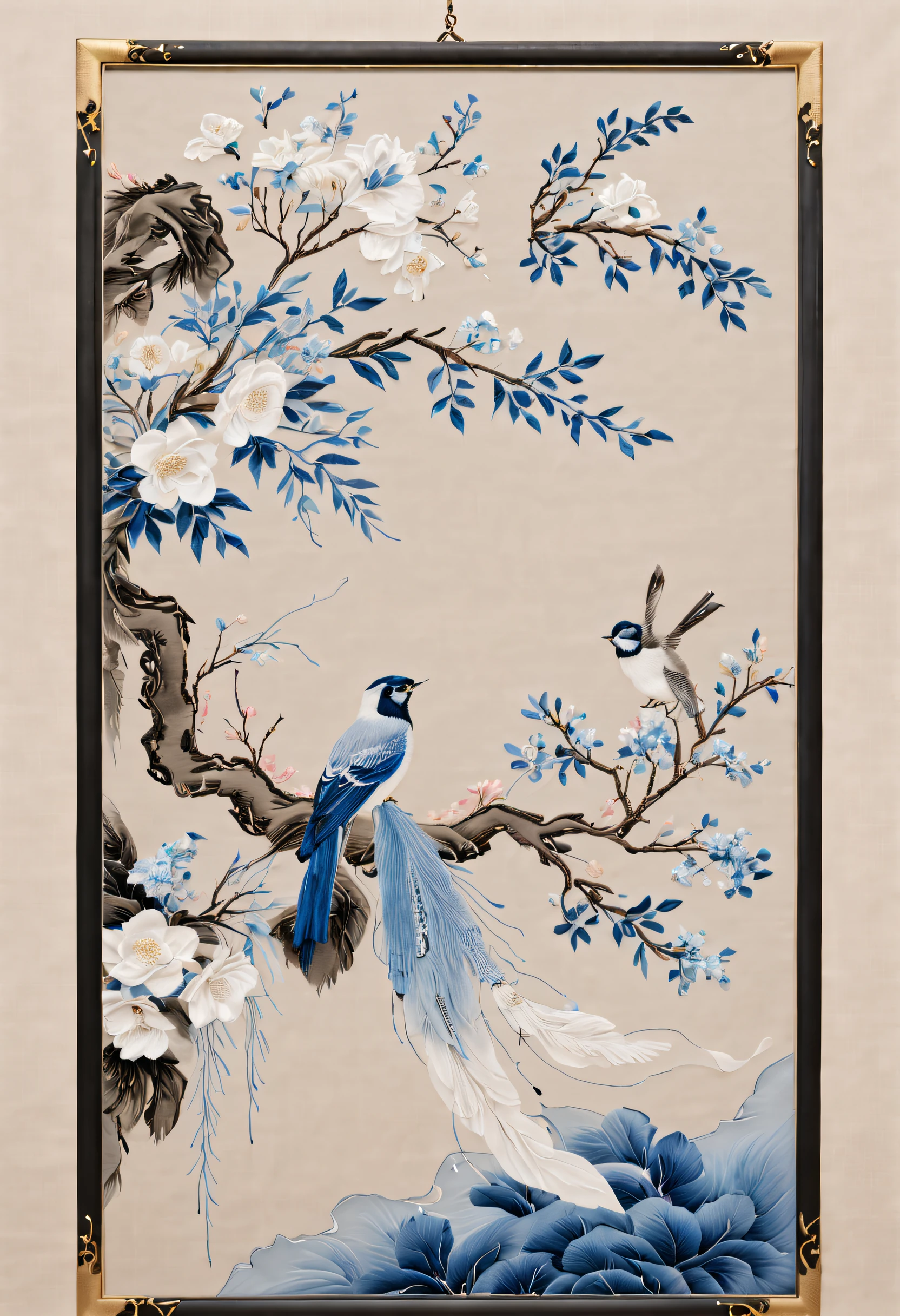 embroidery，Three-dimensional embroidery，Embroidery works, A translucent blue ornate photo hangs on the wall, Silk embroidered blue petals, Surrounded by realistic embroidered flowers, Inspired by Yao Jianping’s dream of Su embroidery. 
Background with：Blue fragrant cloud yarn，Rich details​, painting on silk, inked-art, Holographic rectangular glass frame, line sleek, bird's eyes view, Realistic embroidery details, hyper HD, super detailing, 16k,