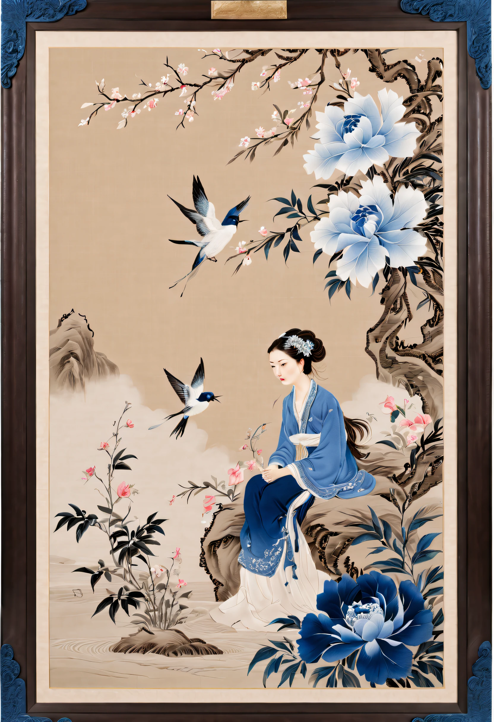 embroidery，Three-dimensional embroidery，Embroidery works, A translucent blue ornate photo hangs on the wall, Silk embroidered blue petals, Surrounded by realistic embroidered flowers, Inspired by Yao Jianping’s dream of Su embroidery. 
Background with：Blue fragrant cloud yarn，Rich details​, painting on silk, inked-art, Holographic rectangular glass frame, line sleek, bird's eyes view, Realistic embroidery details, hyper HD, super detailing, 16k,