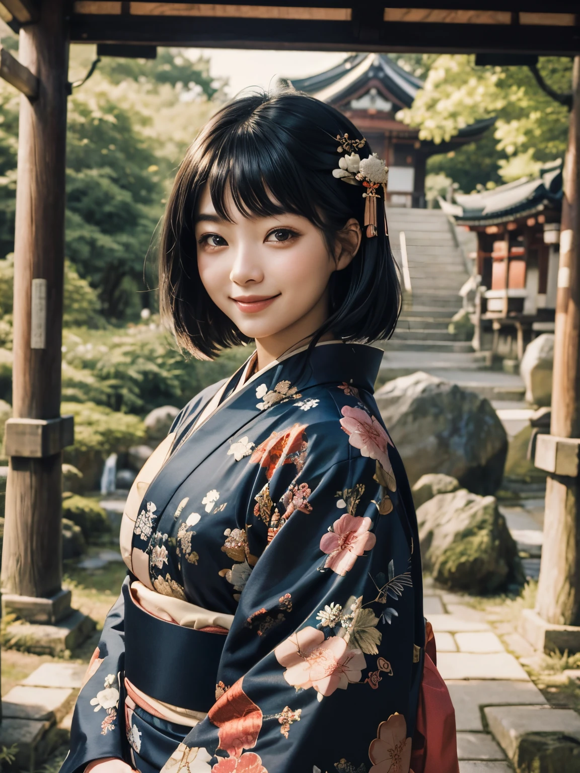 Beautiful woman wearing Japanese kimono, looking at the camera and smiling. Twenty years old. Black hair. The place is a shrine.