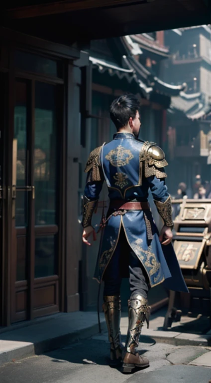 Super handsome armored Chinese general back,  , China's Three Kingdoms general, fantasy background, super real, super detail, full body image, heistcore, surreal, Super extreme, surreal, super detail, accent lighting, global lighting