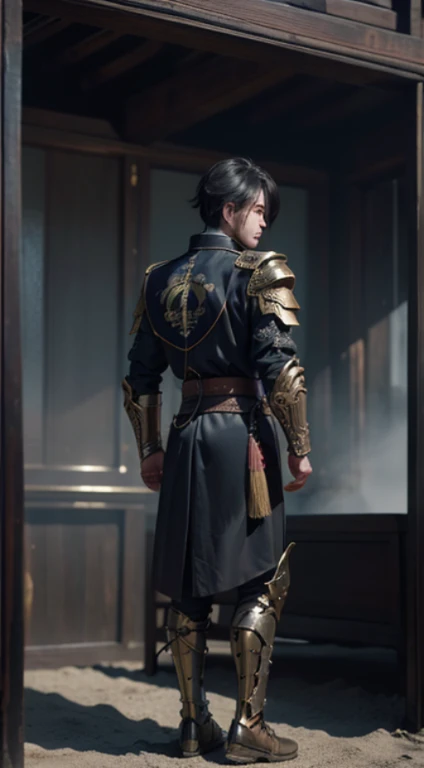 Super handsome armored Chinese general back, , China's Three Kingdoms general, fantasy background, super real, super detail, full body image, heistcore, surreal, Super extreme, surreal, super detail, accent lighting, global lighting