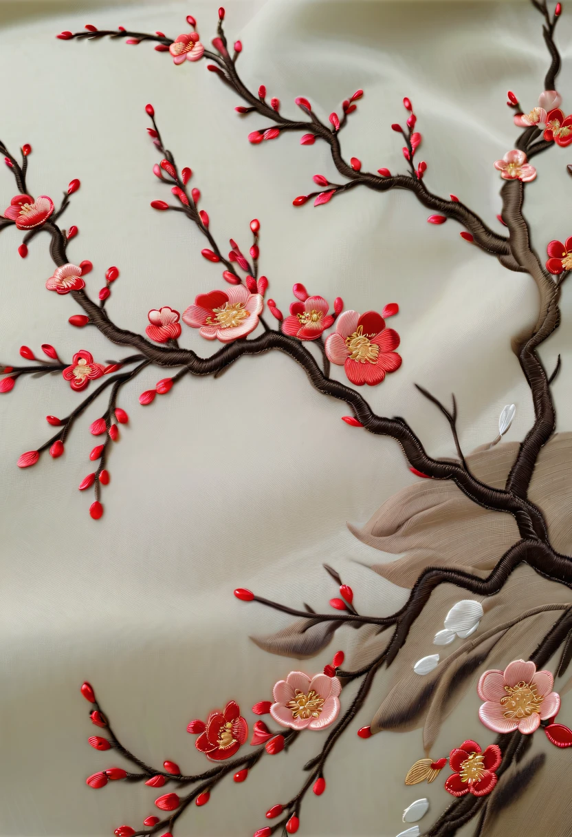 Draw an embroidery work,Embroidered plum blossoms,Chinese clothing design,Silk fabric,