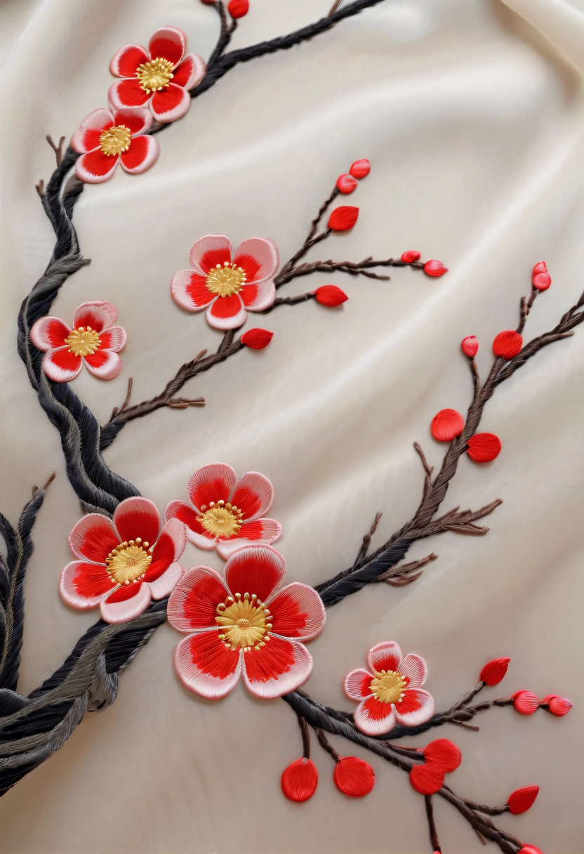Draw an embroidery work,Embroidered plum blossoms,Chinese clothing design,Silk fabric,
