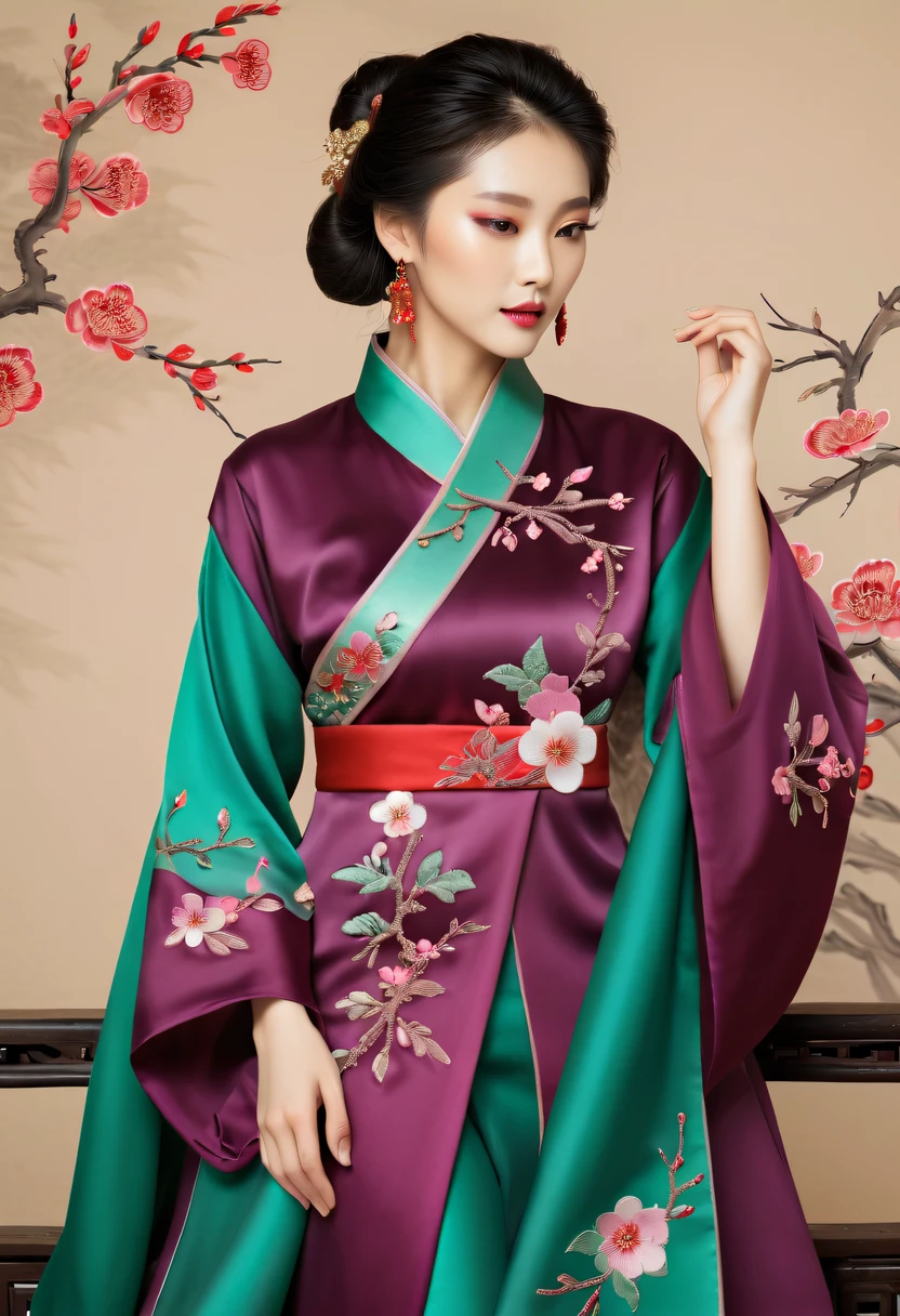 Draw an embroidery work，plum blossom embroidery，Chinese clothing design，Silk fabric，