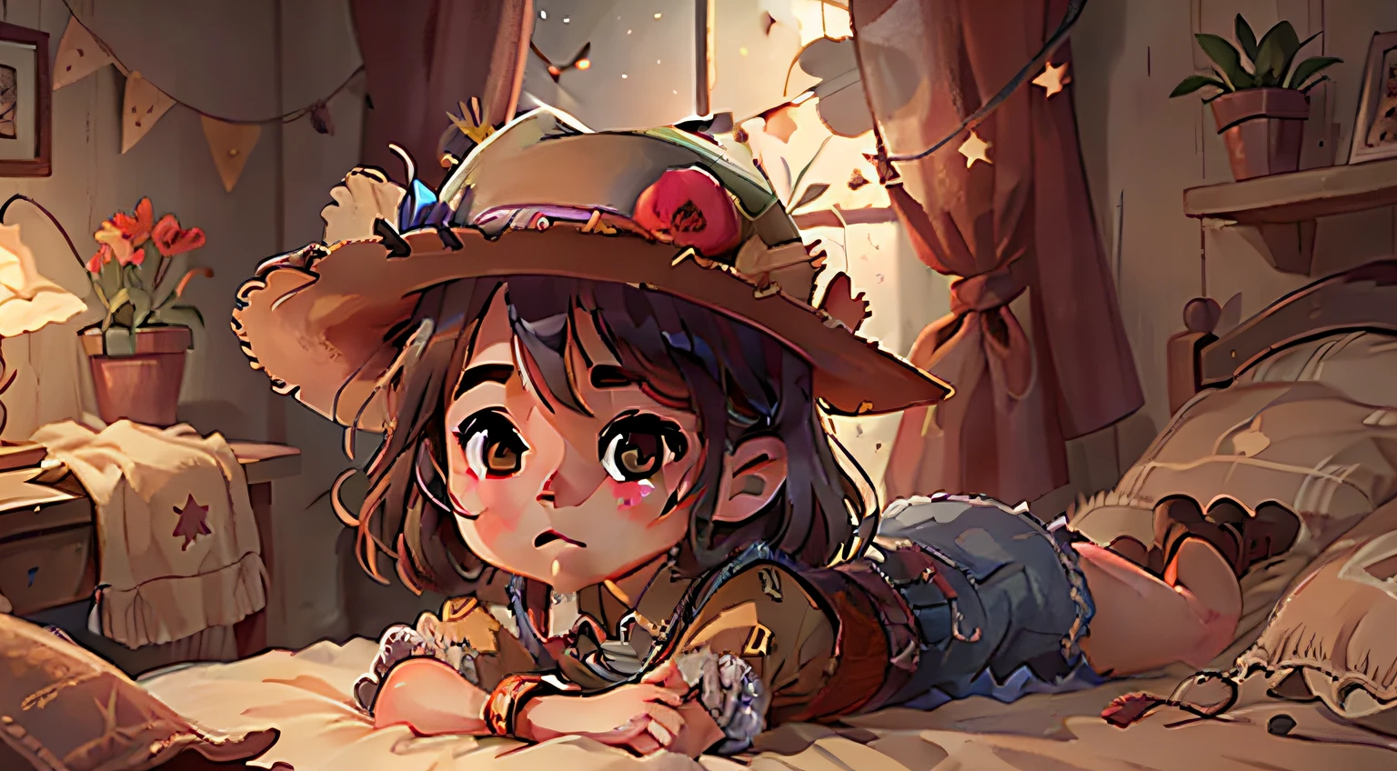 garota agricultora chamada papoula, vestindo roupas de cowboy, cowboy hat, (Menina pequena bonito) (5-6 anos) deitada na cama, pensativo, at night, noite escura, Stars in the sky, (lugar escuro: 0.8) (Desordem - Casa: 0.8), (master part : 1.2) (Realistic: 1.2) (Bokeh) (best quality) (detalhes complexos) (8k) (foco nítido), (pele detalhada: 1.2), imagem perfeita