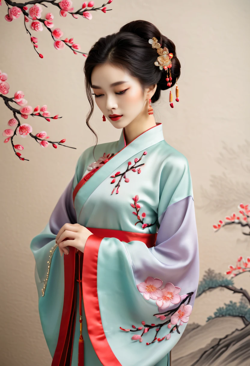 Draw an embroidery work,plum blossom embroidery,Chinese clothing design,Silk fabric,