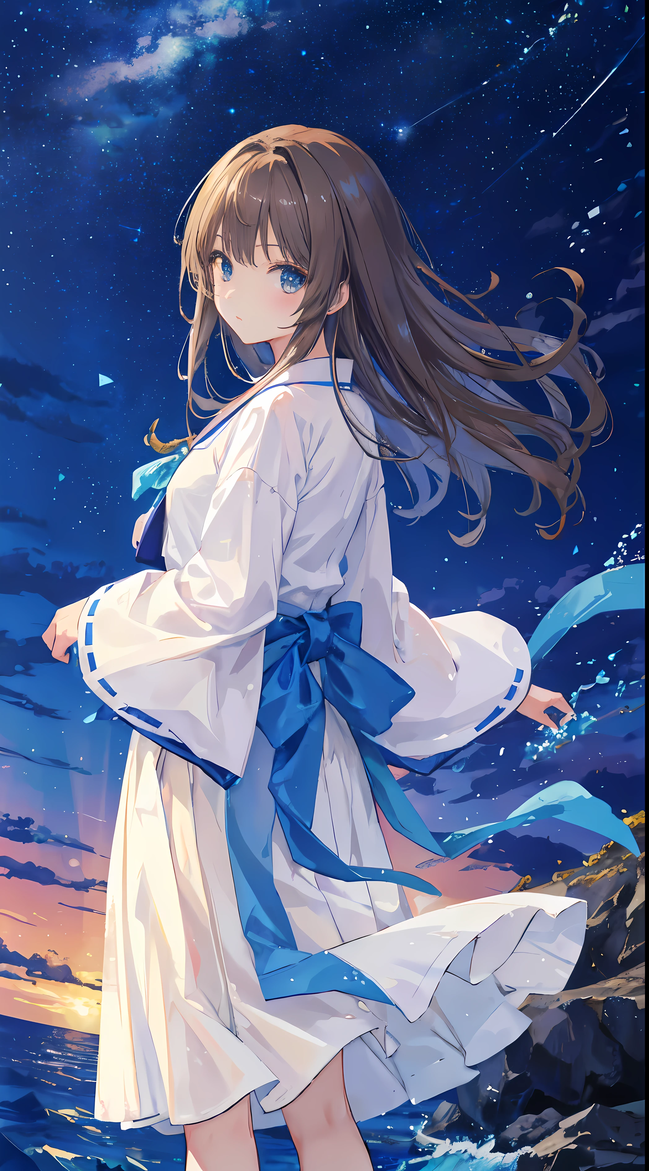 milky ways、shooting zodiac sign, natta, starrysky, galaxias, beautiful anime scenes, starrysky, natta, nigh sky, 独奏, allure, cloud, hairlength, 城市, contours, (quality、tmasterpiece)、1 girl in、超高分辨率、独奏、A Japanese lady。posterior view、tall female high school student、realisticlying、Light brown straight hair、Thin sea lion girl。in a white shirt。