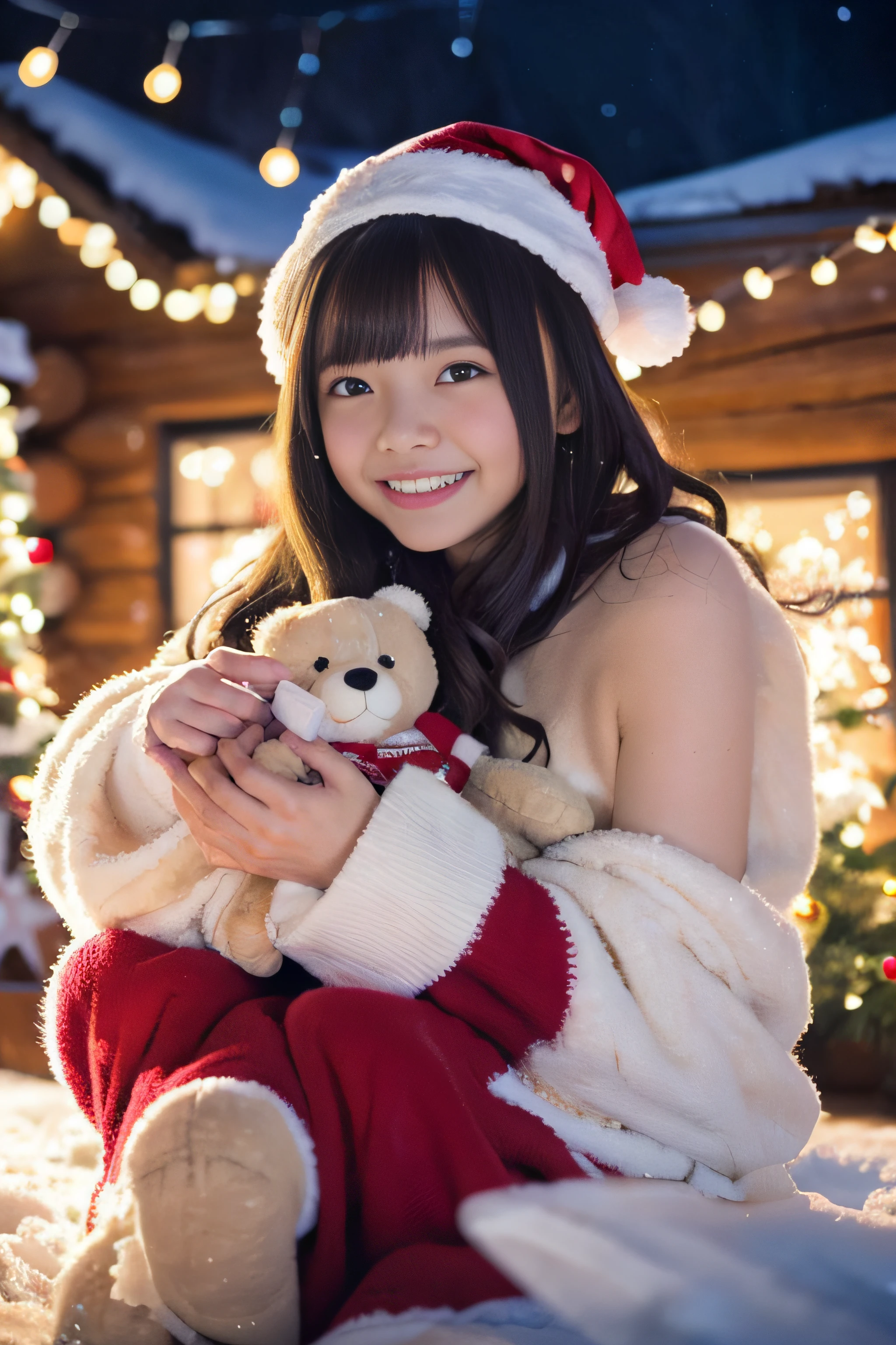 (Best Quality,4K,hight resolution,masutepiece:1.2),Realistic,Christmas,girl (12 years old),Hugging a big teddy bear,stuffed animal,Wear warm clothes,Snow falling in the background,Winter wonderland,Joyful expression,Magical atmosphere,Soft lighting,Vivid colors,Happiness,laught,Welcoming environment,Warmth,Smiling eyes,Curly hair,Shimmering decoration,Twinkling lights,toy train set,wrapped present,Rooftop with Santa Claus and reindeer flying in the distance,magic snowflake,christmas tree with ornaments,log cabin,curl up near the fireplace,hot chocolate with marshmallows,Peace and quiet,Excitement and anticipation,Snowy landscape,childhood innocence,Enchanted moments,Playful laughter,Upholstered stockings,Holiday spirit,love and togetherness.thighs thighs thighs thighs、off shoulders