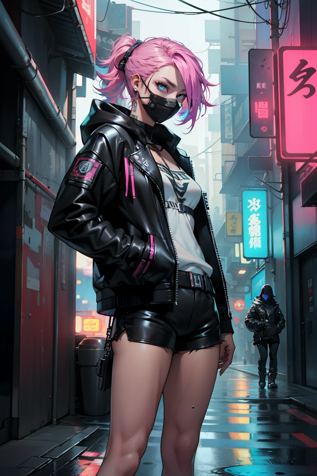 full bodyesbian、With weapons、well-groomed and clean eyes、Well-formed facial parts、With a sword、black masks+Black mask with velo out、(top-quality、8K分辨率、masterpiece:1.3)、Focus section:pussy 1.2、Perfect Body Beauty 1.4、Ass 1.2、rainbow-colored hair、colourful hair、Half Blue and Half Color Pink Hair 1.2、Chest 1.2、Wet clothes 1.1、Sateen、Street 1.3、Bando Dress 1.1、high detailed skin texture、Narrow-eyed、二重まぶた、Whitening skin、Shut Up 1.3、Black leather jacket and black leather shorts、Female cyberpunk、Cyberpunk 20 year old model girl、dreamy cyberpunk girl、Digital Cyberpunk Art、cyberpunked、Cyberpunk girl in hoodie、cyberpunk beautiful girl、Cyberpunk Girl、Cyberpunk Art、clear light blue eyes、Cleanly fixed the whites of the eyes。