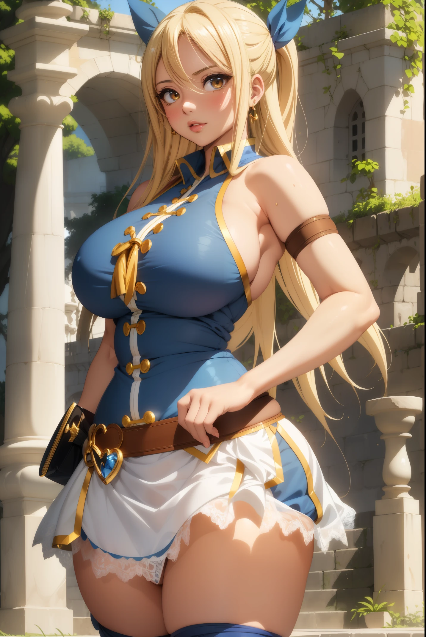 Big, round breasts, she is a beautiful woman ((Lucy Heartfilia)), (straight, long, blonde hair, tied with ribbon, shine), double eyelids, brown eyes, and detailed, hyper detailed, light effect in the eyes, detailed irises, sensual body, ((beautiful blue princess style dress, lace finishes, delicate cool, beautiful)) ((masterpiece, hyper realistic, hyper detailed, best quality, 16k, light and shadow on the skin, bright colors) ), eyeliner, sensual expression, perfect lips, innocent and sexy face, ((skin with light and shadow), beautifully seductive and embarrassed woman, passionate, calm ((Lucy Heartfilia has fair skin, containing a very curvy body, thick thighs, wide hips)), flirting with the viewer, beautiful, charming, (charming pose, Jardim do Castelo view from the side)