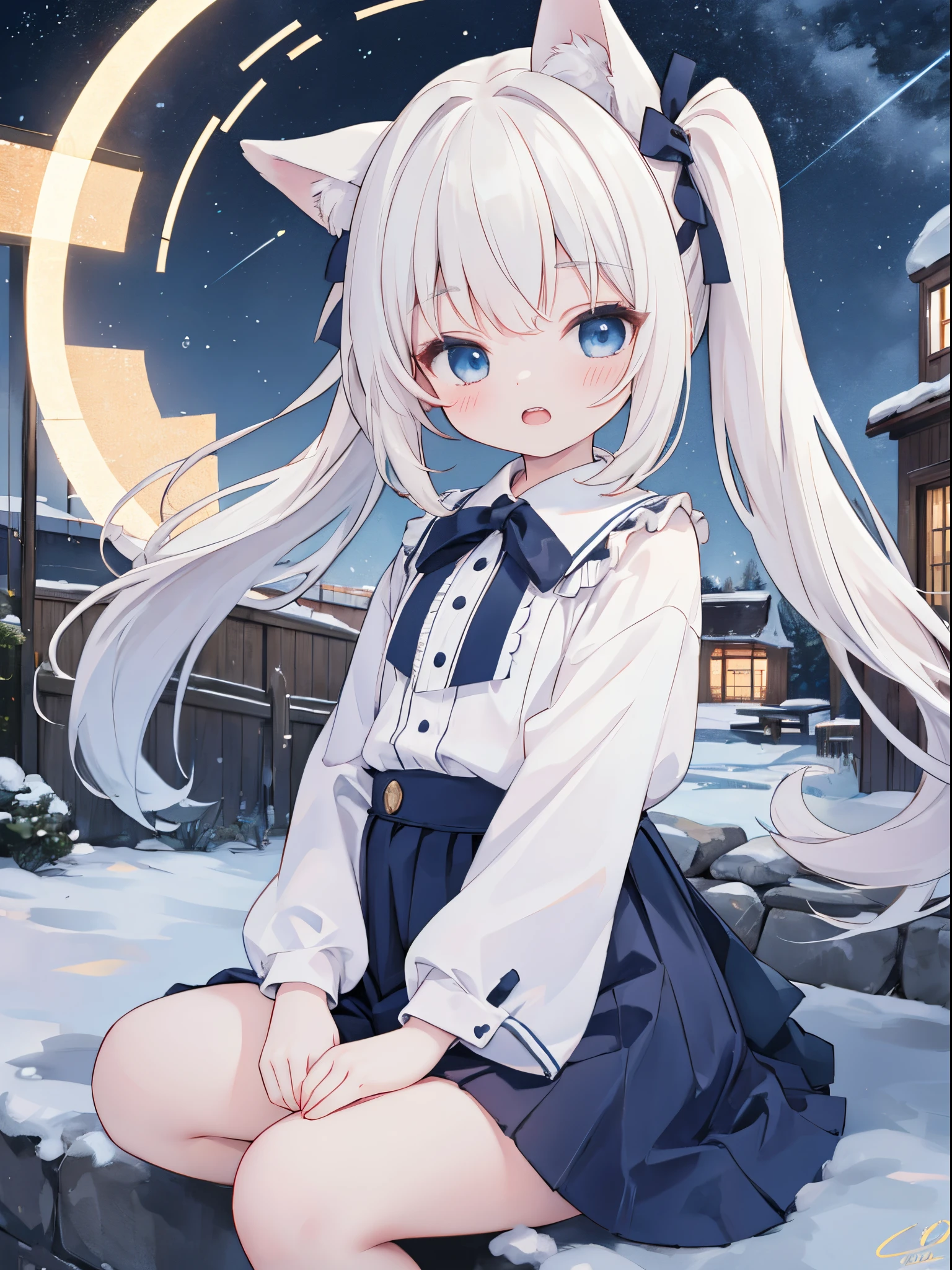 ((4K, ​master piece, Best Quality)),  s,pale blond hair, Blue eyes,very long twintails,Laugh,double tooth,Closed eyes,Looking at Viewer,Lens Flare, octans, sky, star (sky), scenery, starry sky, night, 1girl, night sky, solo, outdoors, signature, building, cloud, milky way, sitting, tree