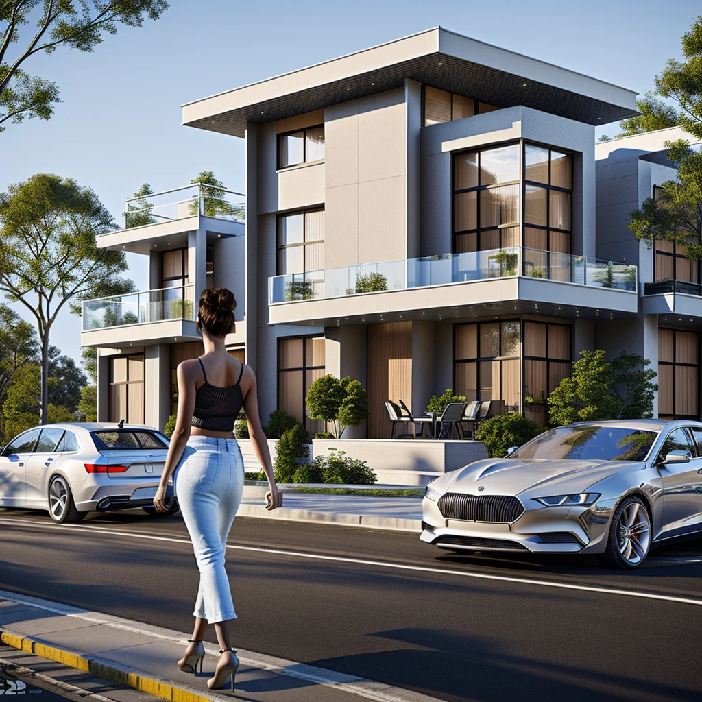 rendering of a modern residential townhouse, professional render, wide angle exterior 2023, highly detailed render, high quality rendering, realistic render, architectural render, high-quality render, detailed rendering, hyper-realistic render, hyper - realistic render, very realistic 3 d render, high render, realistic rendering, very realistic render