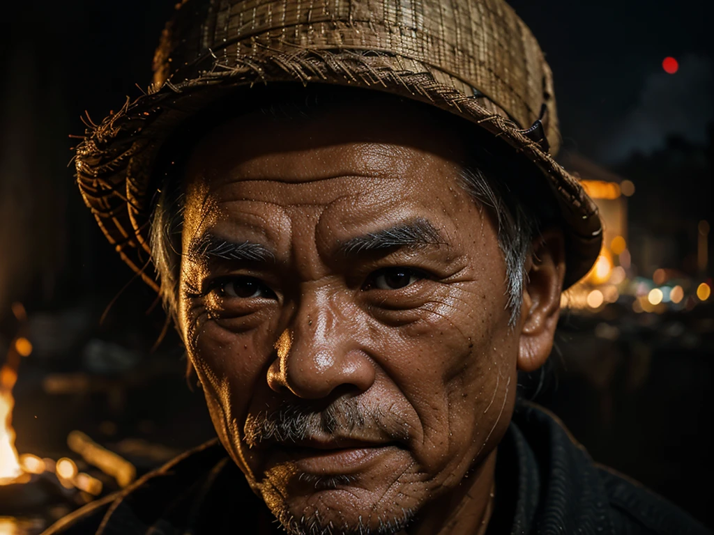 A close-up of a Vietnamese old man's face, illuminated by the light of a fire, with a backdrop of a dirty river and a shanty town.