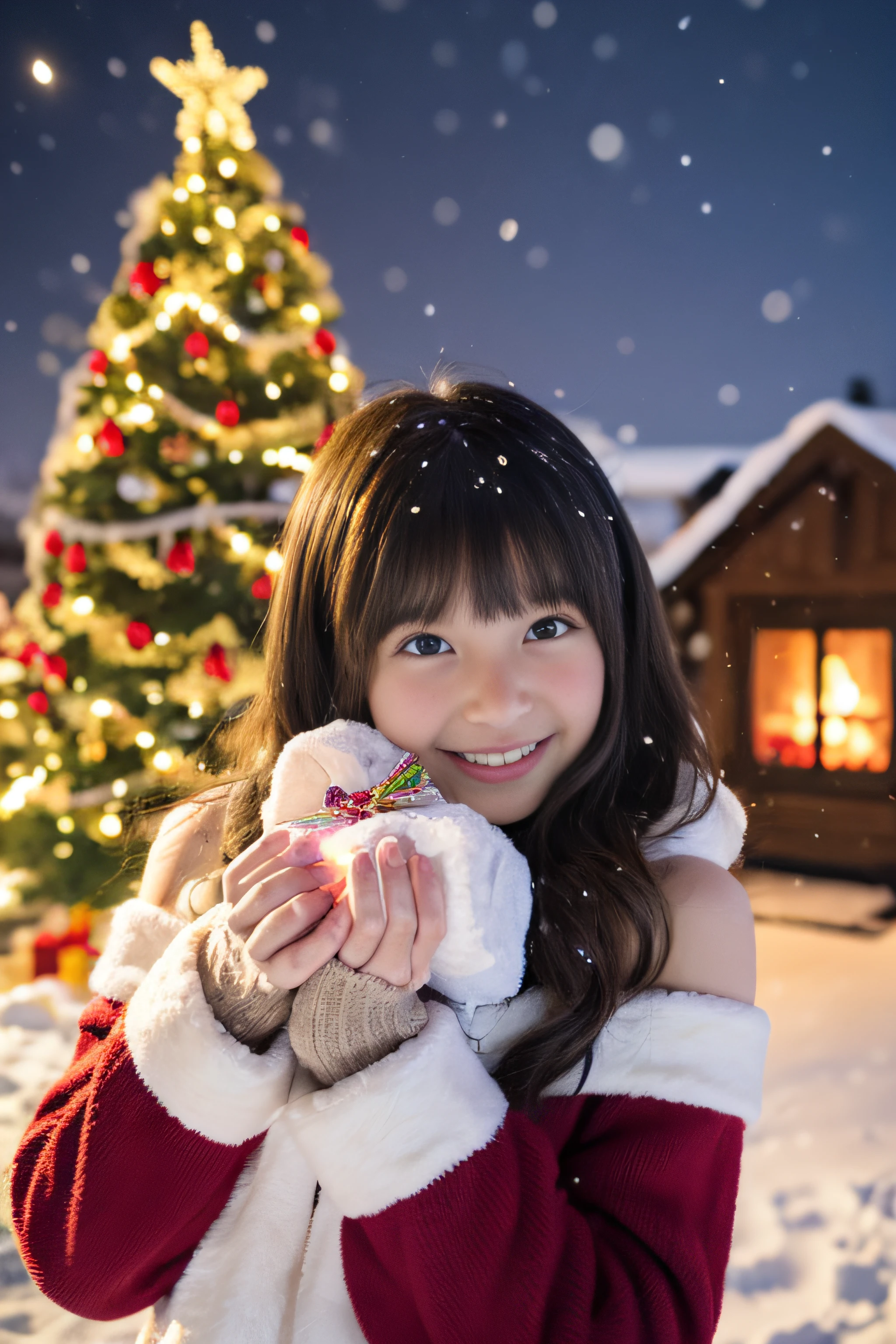 (Best Quality,4K,hight resolution,masutepiece:1.2),Realistic,Christmas,girl (12 years old),Hugging a big teddy bear,stuffed animal,Wear warm clothes,Snow falling in the background,Winter wonderland,Joyful expression,Magical atmosphere,Soft lighting,Vivid colors,Happiness,laught,Welcoming environment,Warmth,Smiling eyes,Curly hair,Shimmering decoration,Twinkling lights,toy train set,wrapped present,Rooftop with Santa Claus and reindeer flying in the distance,magic snowflake,christmas tree with ornaments,log cabin,curl up near the fireplace,hot chocolate with marshmallows,Peace and quiet,Excitement and anticipation,Snowy landscape,childhood innocence,Enchanted moments,Playful laughter,Upholstered stockings,Holiday spirit,love and togetherness.thighs thighs thighs thighs、off shoulders