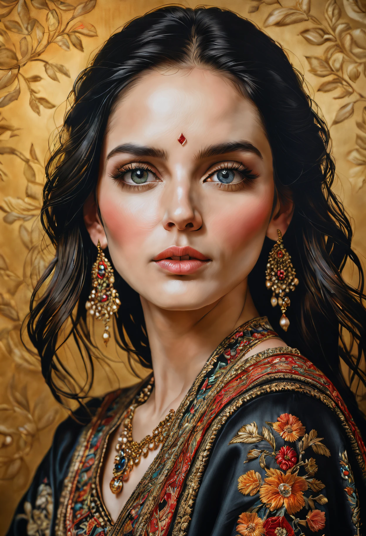 (high qulity, Detailed portrait:1.2), Realistic oil painting, closeup portrait, Exquisite embroidery skills, Facial features come to life, Detailed stitching, Vibrant thread colors, exquisite silk fabric, Shiny highlights and shadows, clever color mixing, Intricate pattern on silk background, Meticulous attention to detail, textured brushstrokes, Precise facial expressions, outstanding presence, Classic black and white color scheme, Soft lighting and dramatic contrast