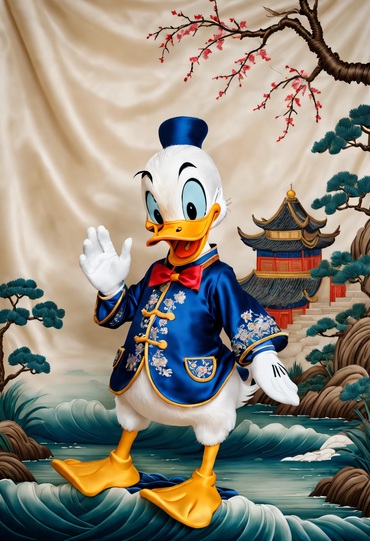 Embroidery Donald Duck on silk,(Best quality at best,A high resolution:1.2),actual,Embroidered artwork,Tang dynasty style,Exquisite colors,Tang Dynasty Patterns,[Silk fabric],Meticulous embroidery,meticulous stitching,[Donald Duck in traditional Chinese costume],[Vibrant blue and yellow shades],[soft and warm lighting],[Golden wire],[Intricate floral pattern craftsmanship],[true performance],[Tang Dynasty Aesthetics],[Subtle shadows],[ornate border],[Complicated details，attention to texture],[Lifelike depiction],[a masterpiece of art],[traditional chinese art],[rich cultural heritage]
