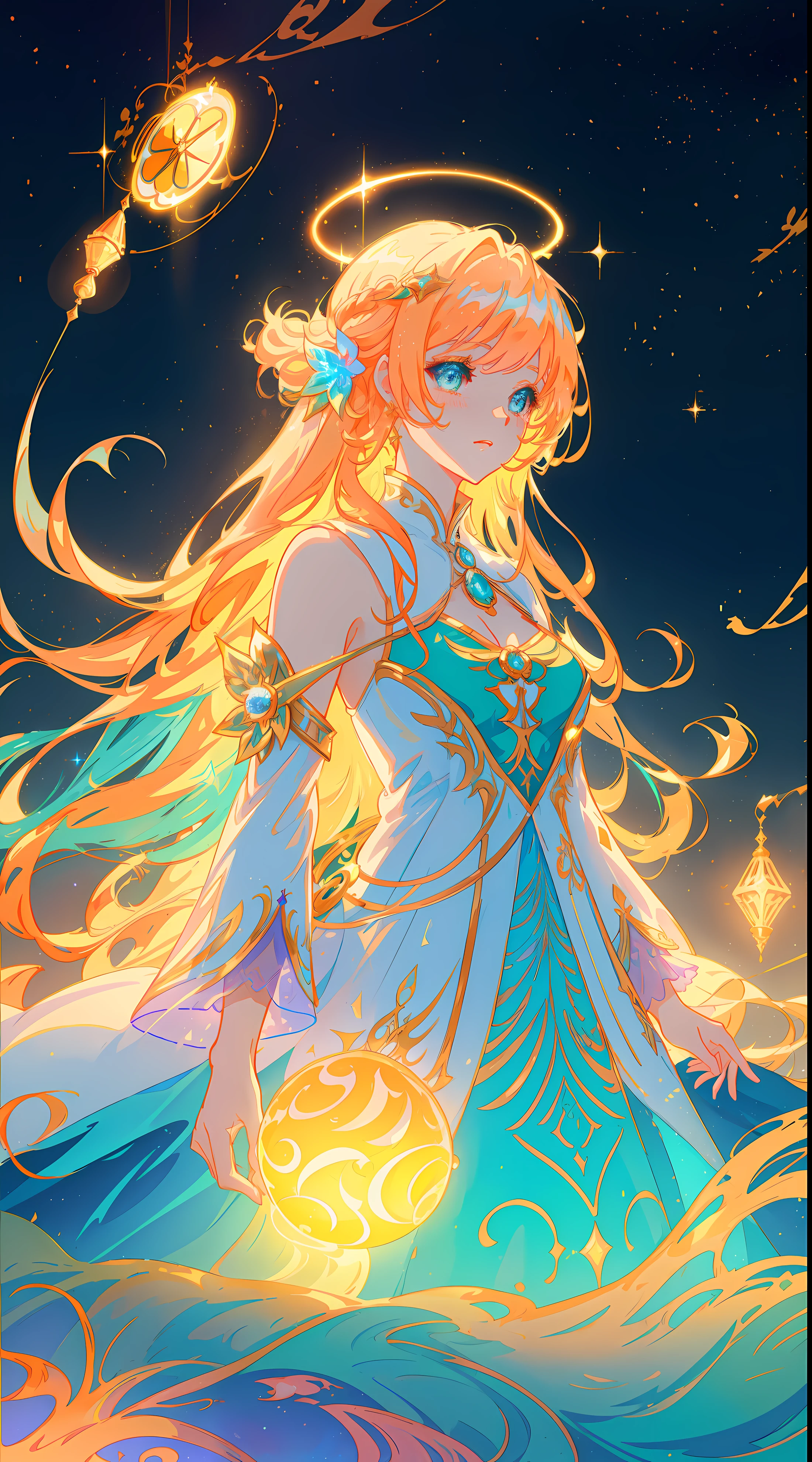 beuaty girl, Fluffy layered prom dress, Vibrant pastel colors, otherworldly landscapes, (Colorful), Sparkling blonde hair, magical lighting, sparkling magic liquid, inspired by Glen Keane, Inspired by S. Van Baarle, disney artstyle, author:Van Baarle, A dazzling halo surrounds her, Glenn Keane, Just a joke, glowing lamps! digitial painting, flowing glowing hair, glowing flowing hair, beautiful digital illustration, Fantasia background, Whimsical, magical, Fantastical, ((Nice face)), ((tmasterpiece, Best quality)), Complicated details, The content is very detailed, Focus sharp, 8K分辨率, sparkling and delicate eyes, Liquid watercolor