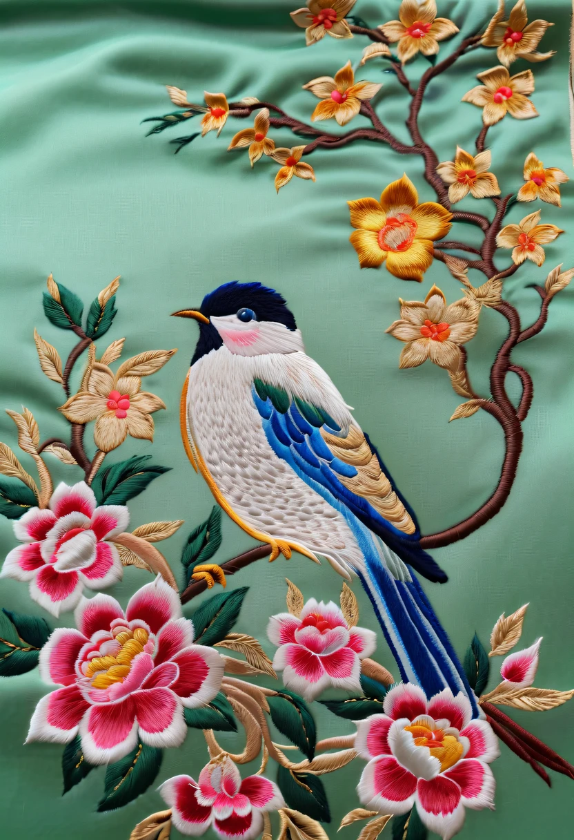 Draw an embroidery work，flower and bird embroidery，Chinese clothing design，Silk fabric，