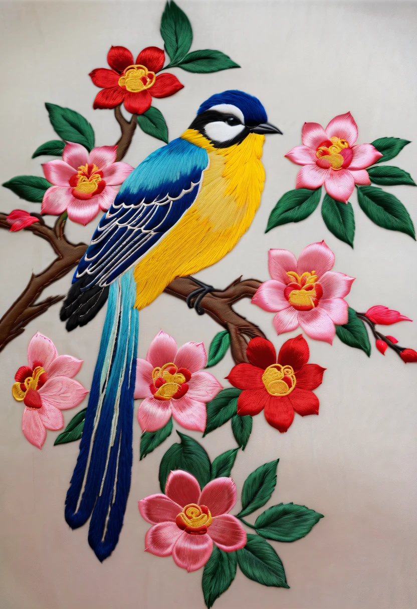 Draw an embroidery work，flower and bird embroidery，Chinese clothing design，Silk fabric，