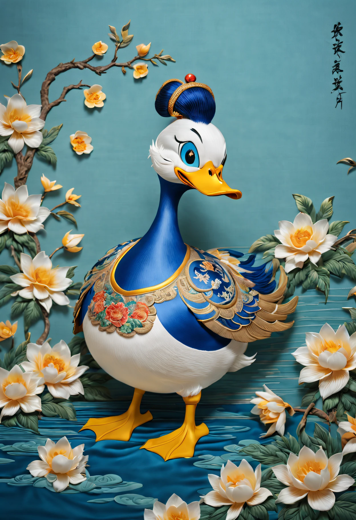 Embroidery Donald Duck on silk,(Best quality at best,A high resolution:1.2),actual,Embroidered artwork,Tang dynasty style,Exquisite colors,Tang Dynasty Patterns,[Silk fabric],Meticulous embroidery,meticulous stitching,[Donald Duck in traditional Chinese costume],[Vibrant blue and yellow shades],[soft and warm lighting],[Golden wire],[Intricate floral pattern craftsmanship],[true performance],[Tang Dynasty Aesthetics],[Subtle shadows],[ornate border],[Complicated details，attention to texture],[Lifelike depiction],[a masterpiece of art],[traditional chinese art],[rich cultural heritage]