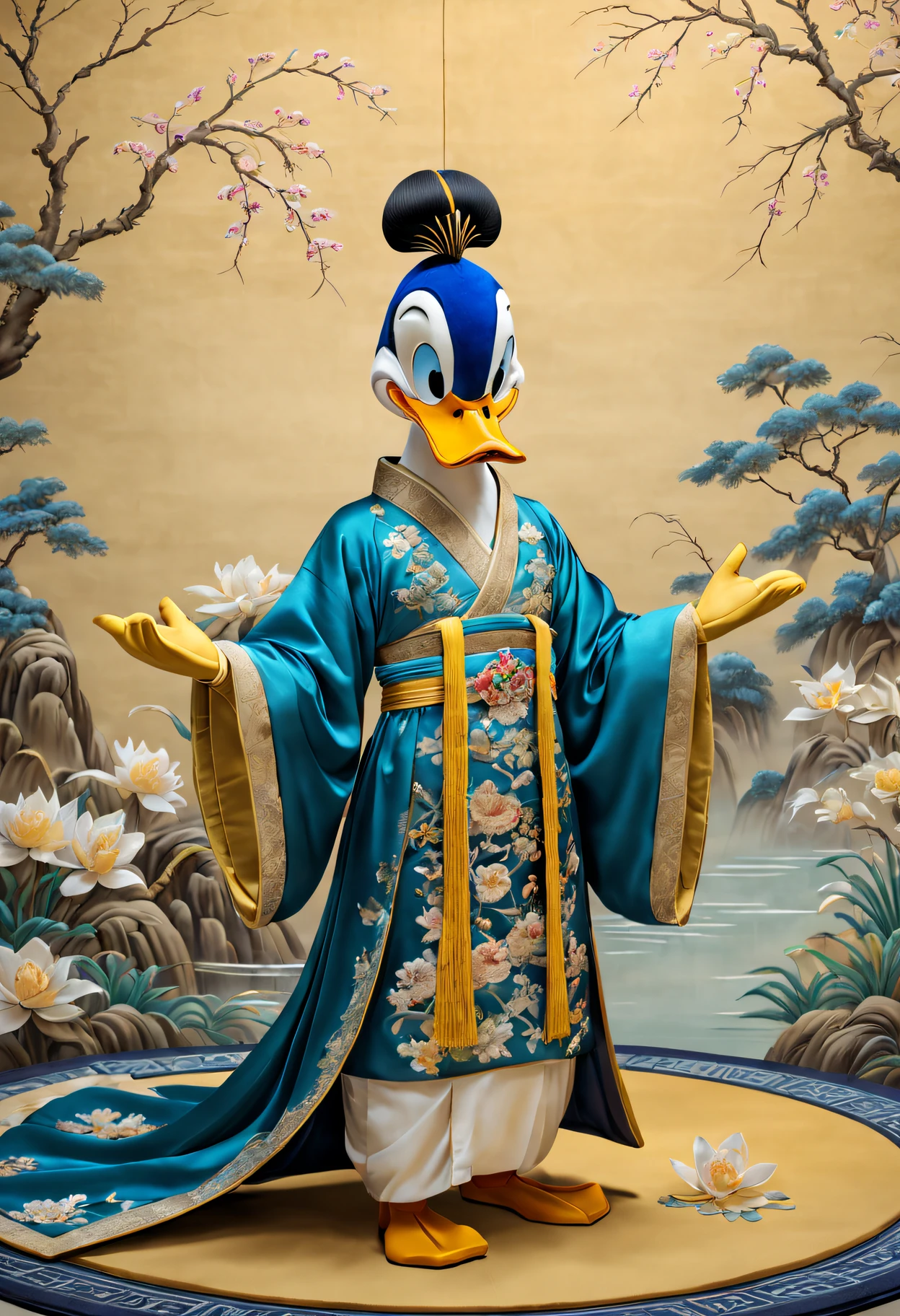 Embroidery Donald Duck on silk,(Best quality at best,A high resolution:1.2),actual,Embroidered artwork,Tang dynasty style,Exquisite colors,Tang Dynasty Patterns,[Silk fabric],Meticulous embroidery,meticulous stitching,[Donald Duck in traditional Chinese costume],[Vibrant blue and yellow shades],[soft and warm lighting],[Golden wire],[Intricate floral pattern craftsmanship],[true performance],[Tang Dynasty Aesthetics],[Subtle shadows],[ornate border],[Complicated details，attention to texture],[Lifelike depiction],[a masterpiece of art],[traditional chinese art],[rich cultural heritage]