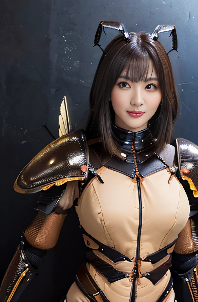 (high resolution,masterpiece,best quality,extremely detailed CG, anime, official art:1.4), realistic, photo, amazing fine details, all intricate, gloss and shiny,awesome many layers, 8k wall paper, 3d, sketch, kawaii, illustration,( solo:1.4), perfect female proportion,villainess, (fusion of queen bee and lady:1.4), (queen bee form lady:1.2), (queen bee lady:1.2), (fusion:1.2), (solo:1.4), (evil smile:1.2), muscular, abs, (queen bee exoskeleton bio insect suit:1.4), (queen bee exoskeleton bio insect armor:1.2), (brown transparency queen bee wing:1.4), (brown queen bee antennae:1.3), big breasts