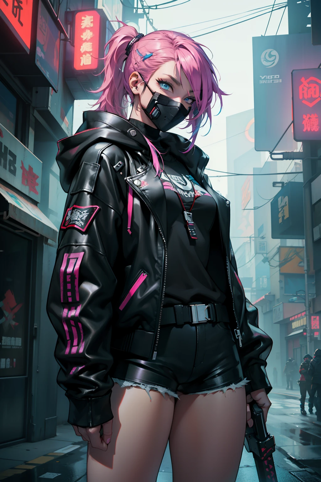 full bodyesbian、With weapons、well-groomed and clean eyes、Well-formed facial parts、With a sword、black masks+Black mask with velo out、（top-quality、8K分辨率、​masterpiece:1.3）、Focus section：pussy 1.2、Perfect Body Beauty 1.4、Ass 1.2、rainbow-colored hair、colourful hair、Half Blue and Half Color Pink Hair 1.2、Chest 1.2、Wet clothes 1.1、Sateen、Street 1.3、Bando Dress 1.1、high detailed skin texture、Narrow-eyed、二重まぶた、Whitening skin、Shut Up 1.3、Black leather jacket and black leather shorts、Female cyberpunk、Cyberpunk 20 year old model girl、dreamy cyberpunk girl、Digital Cyberpunk Art、cyberpunked、Cyberpunk girl in hoodie、cyberpunk beautiful girl、Cyberpunk Girl、Cyberpunk Art、clear light blue eyes、Cleanly fixed the whites of the eyes。