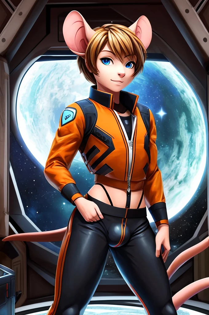 Mouse boy, hide ears, very feminine features, thin lithe feminine body, very small chest, pixie-cut hair, mouse ears, mouse tail, blonde-brown hair and blue eyes, Dressed in orange and black sci-fi leather pilot suit, cropped jacket, tight shirt, very large bulge in pants.  ((masterpiece)) (best quality, masterpiece)
Setting: Space station