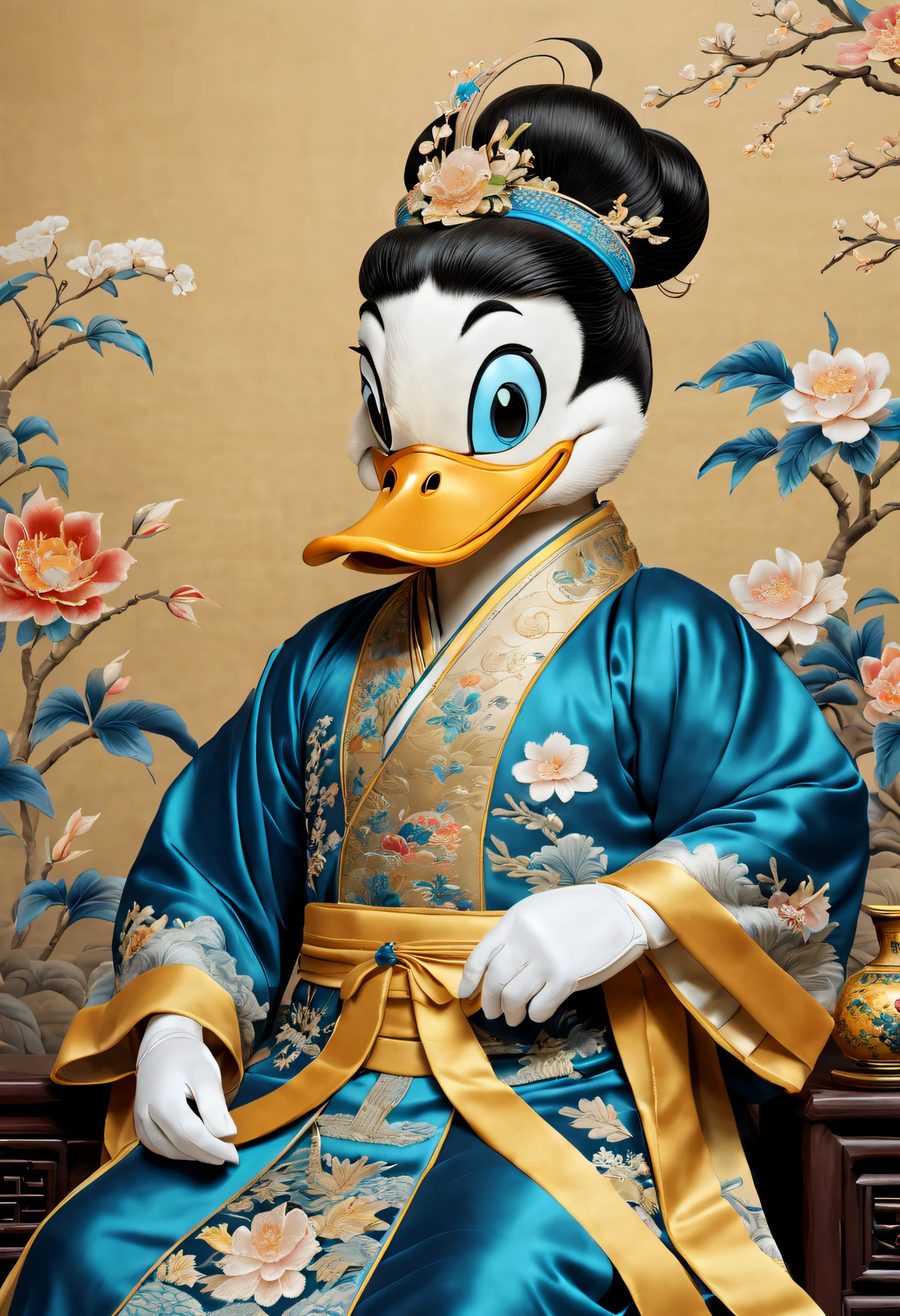 "(Best quality at best,A high resolution:1.2),actual,Embroidered artwork,Tang dynasty style,Exquisite colors,Tang Dynasty Patterns,[Silk fabric],Meticulous embroidery,meticulous stitching,[Donald Duck in traditional Chinese costume],[Vibrant blue and yellow shades],[soft and warm lighting],[Golden wire],[Intricate floral pattern craftsmanship],[true performance],[Tang Dynasty Aesthetics],[Subtle shadows],[ornate border],[Complicated details，attention to texture],[Lifelike depiction],[a masterpiece of art],[traditional chinese art],[rich cultural heritage]"