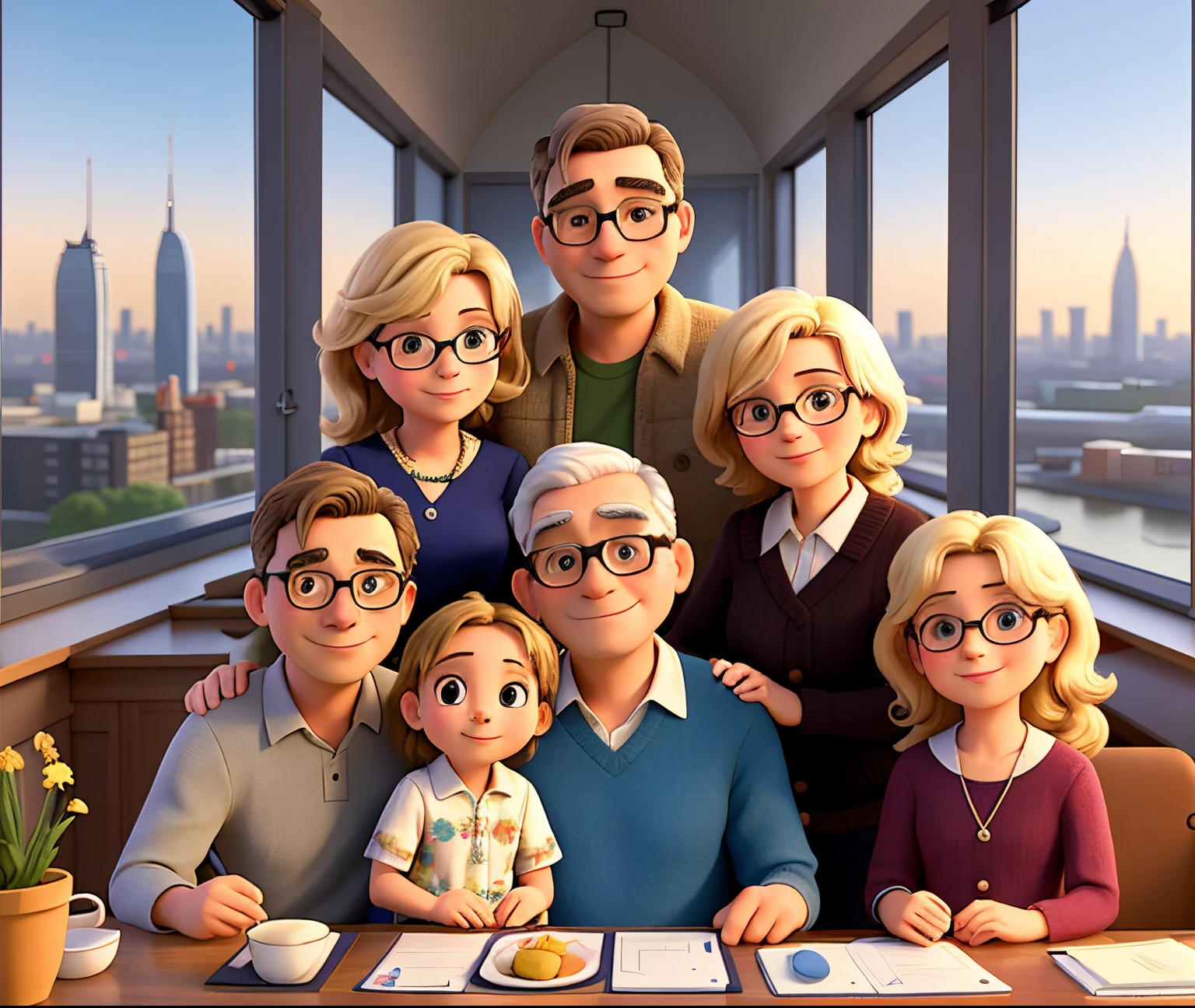 Generate a close-up of a family portrait with six adults and two children. Grandfather, 60 years old and glasses, the young blonde grandmother, the mother, com 35 anos, o pai, com 40 anos, a baby son, uma filha de 5 anos, um cunhado homem de 30 anos e uma cunhada mulher de 30 anos. They are posing with the London skyline in the background, destacando o Big Ben