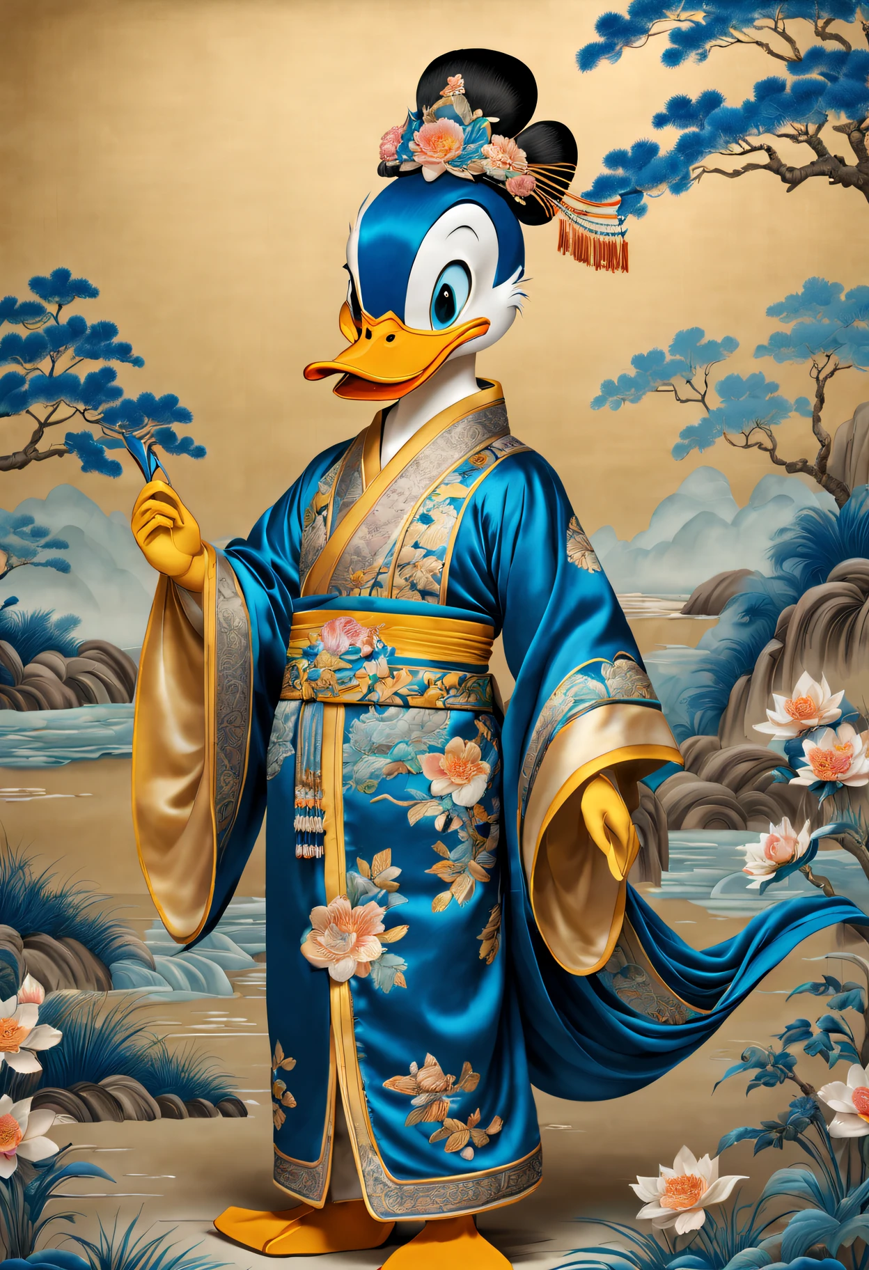 Embroidery Donald Duck on silk,(Best quality at best,A high resolution:1.2),actual,Embroidered artwork,Tang dynasty style,Exquisite colors,Tang Dynasty Patterns,[Silk fabric],Meticulous embroidery,meticulous stitching,[Donald Duck in traditional Chinese costume],[Vibrant blue and yellow shades],[soft and warm lighting],[Golden wire],[Intricate floral pattern craftsmanship],[true performance],[Tang Dynasty Aesthetics],[Subtle shadows],[ornate border],[Complicated details，attention to texture],[Lifelike depiction],[a masterpiece of art],[traditional chinese art],[rich cultural heritage]