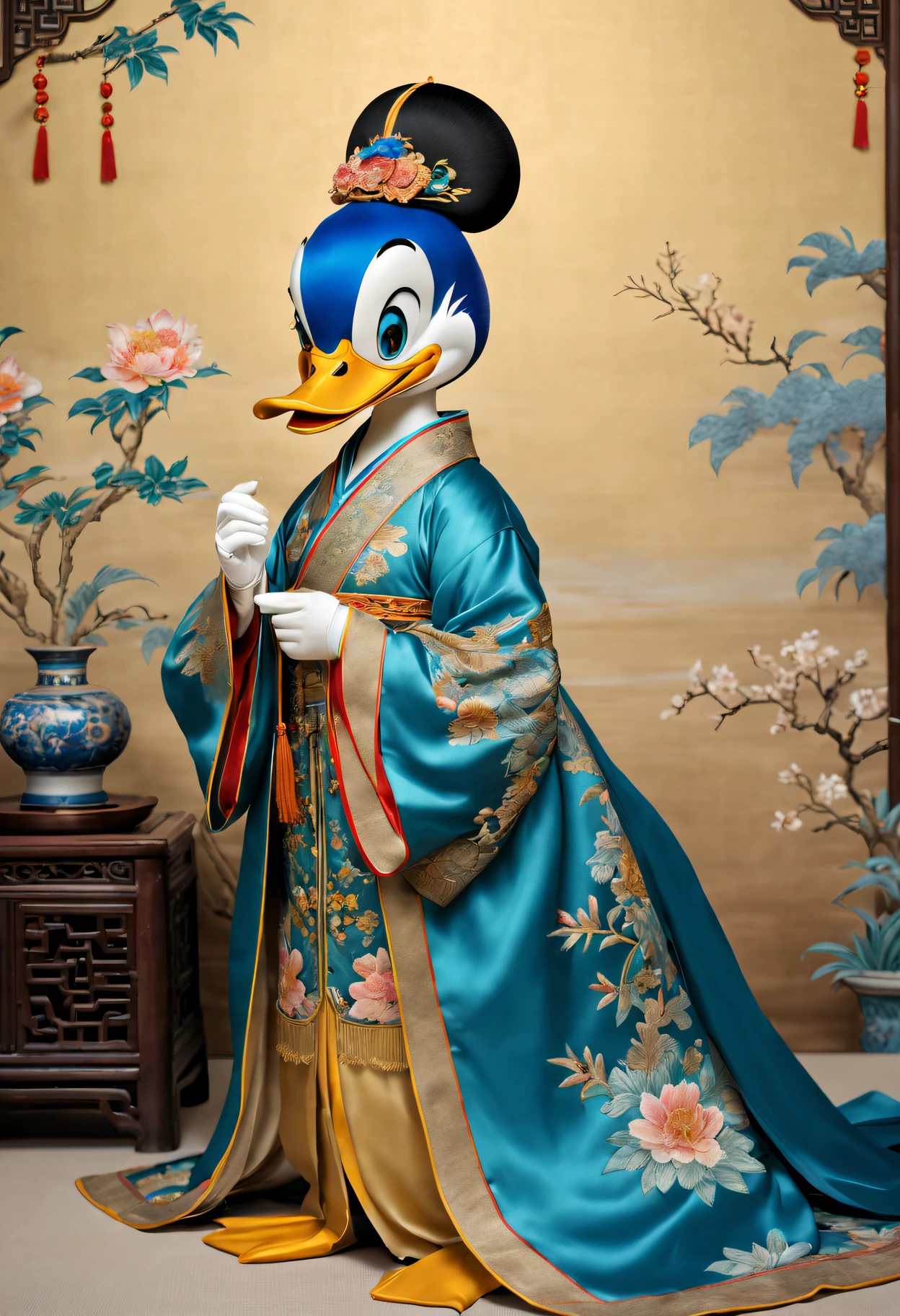 Embroidery Donald Duck on silk,(Best quality at best,A high resolution:1.2),actual,Embroidered artwork,Tang dynasty style,Exquisite colors,Tang Dynasty Patterns,[Silk fabric],Meticulous embroidery,meticulous stitching,[Donald Duck in traditional Chinese costume],[Vibrant blue and yellow shades],[soft and warm lighting],[Golden wire],[Intricate floral pattern craftsmanship],[true performance],[Tang Dynasty Aesthetics],[Subtle shadows],[ornate border],[Complicated details，attention to texture],[Lifelike depiction],[a masterpiece of art],[traditional chinese art],[rich cultural heritage]