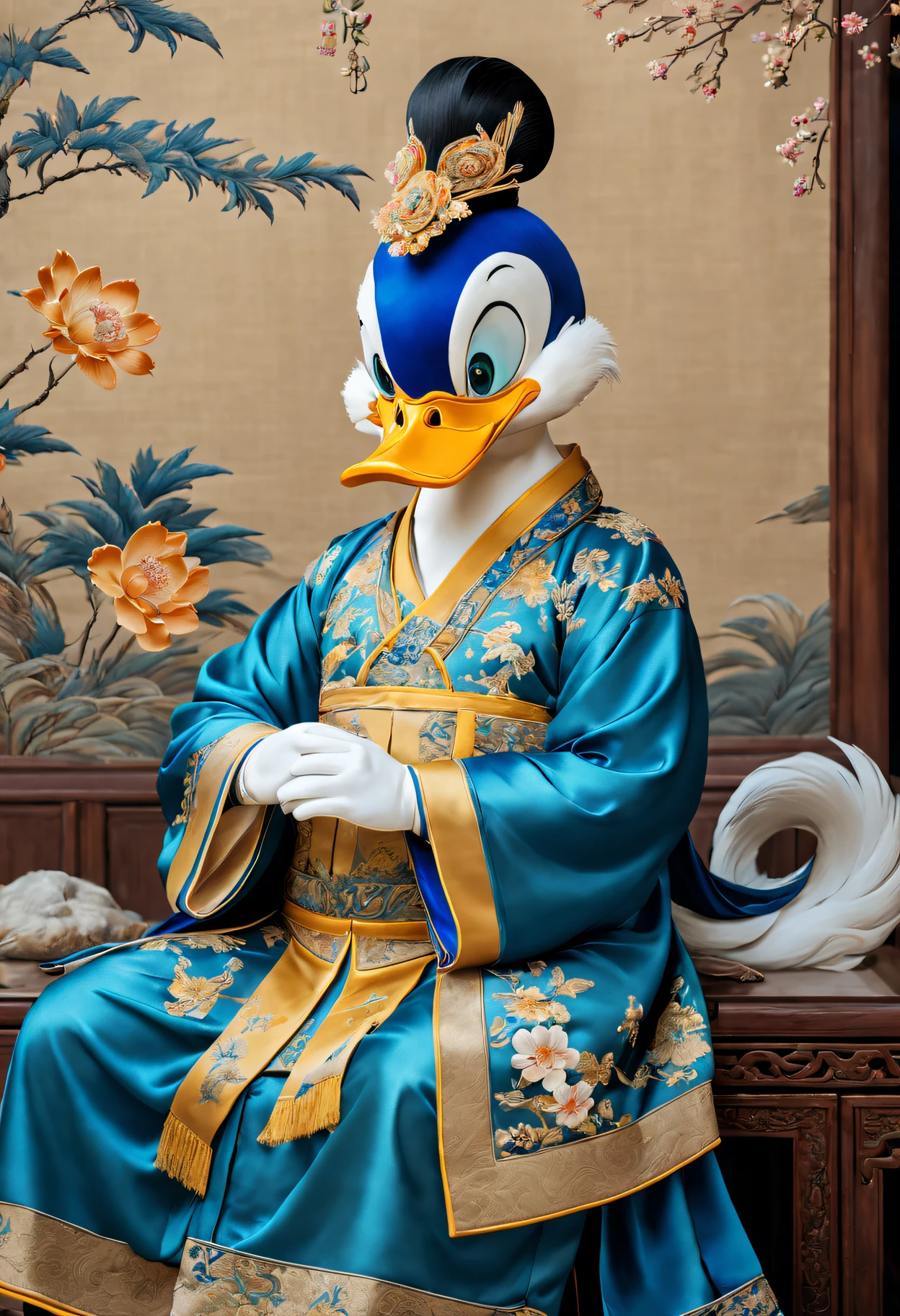 (Best quality at best,A high resolution:1.2),actual,Embroidered artwork,Tang dynasty style,Exquisite colors,Tang Dynasty Patterns,[Silk fabric],Meticulous embroidery,meticulous stitching,[Donald Duck in traditional Chinese costume],[Vibrant blue and yellow shades],[soft and warm lighting],[Golden wire],[Intricate floral pattern craftsmanship],[true performance],[Tang Dynasty Aesthetics],[Subtle shadows],[ornate border],[Complicated details，attention to texture],[Lifelike depiction],[a masterpiece of art],[traditional chinese art],[rich cultural heritage]