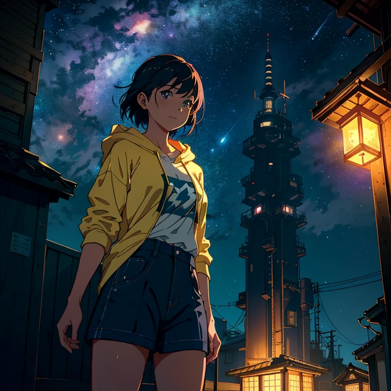 Realistic, Real life, Beautiful cute little girl standing on roof looking at the sky, Detailed cities below with lanterns, Very detailed by Greg Lutkowski Makoto Shinkai Kyoto Animation Key Art Feminine mid-shot, style of Laurie Greasley, Studio Ghibli, Akira Toriyama, by james gilleard, GenshinImpact, Trending pixiv fanbox, acrylic palette knife, 4K, Vibrant colors, Devinart, Trending on ArtStation,Octane Render, bio luminescent,8K resolution concept art, Realism,by Mappa Studios,masutepiece,Best Quality,Official art,Illustration,ligne claire,(Cool_Color),Perfect composition,absurderes, Fantasy,Focused,Night, Starry Night, crescent, shooting stars,Stars,,Cypherpunk universe,Photo of 8K ultra realistic beautiful sad woman in her 20s standing on top of a building,Leaning against the railing,Take a look at the sky for a moment, See the glowing cypherpunk neon city ,Wearing a cypherpunk style short hoodie shirt and medium short,Medium chest, Full Moon Night , entire city visible , Complex wet black shoulder length hair, Heavy rain makes her all wet ,