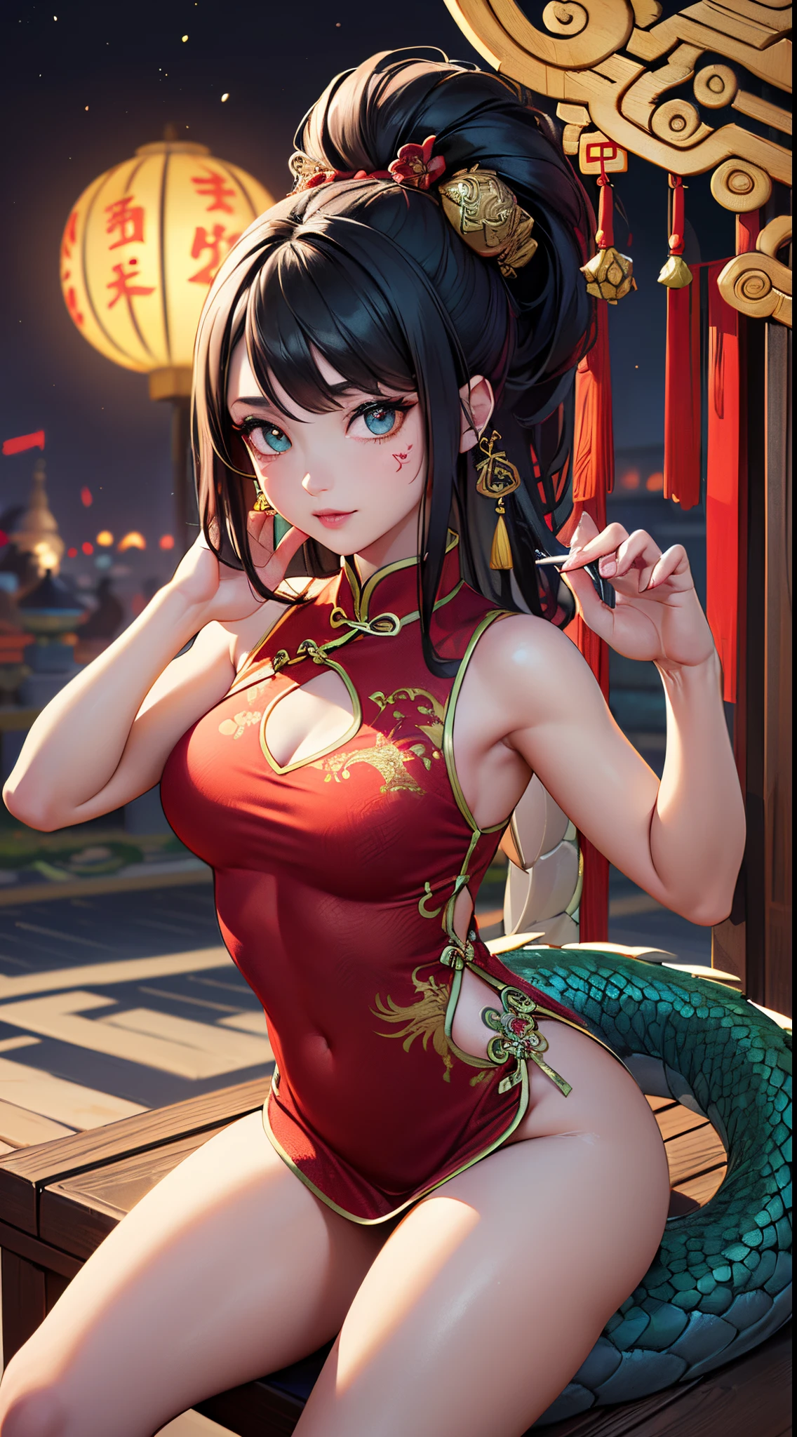 masterpiece, high res, ultra detailed, (ultra-detailed background, detailed background), green dragon girl, 1girl, monstergirl, dragon like girl with dragon tail, perfect face, (long black hair color), Chinese hair bun hairstyle haircut, ((red and golden color of dress)), (((detailed face, detailed hands, detailed body, detailed eyes))), symbol of the year, Chinese lunar calendar, (Green wooden dragon:1.2), (geometric:1.2), colorful, full body, holding smoking tube, (((seat on human), in sexy pose, looking to the viewer)), ((traditional Chinese clothes)), ((dragon scales at body skin:1.5)), fireworks on background, muscular body, perfect athletic fit body, Chinese red ornaments tattoos, ((dragon-girl of Chinese culture))